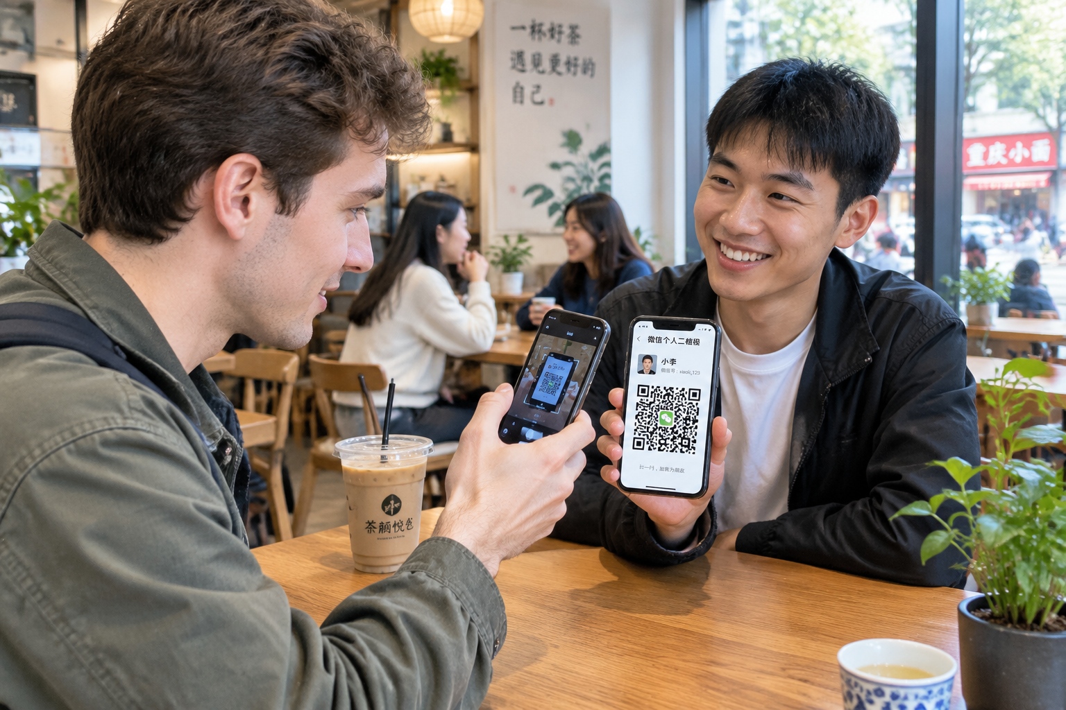 Foreign expat scanning a WeChat QR code to add a Chinese friend at a café in China