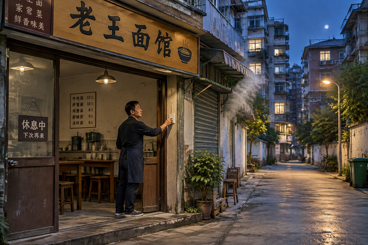 A quiet alleyway in Shenzhen at night after a busy day at a migrant-run restaurant, symbolizing the end of a day's labor.