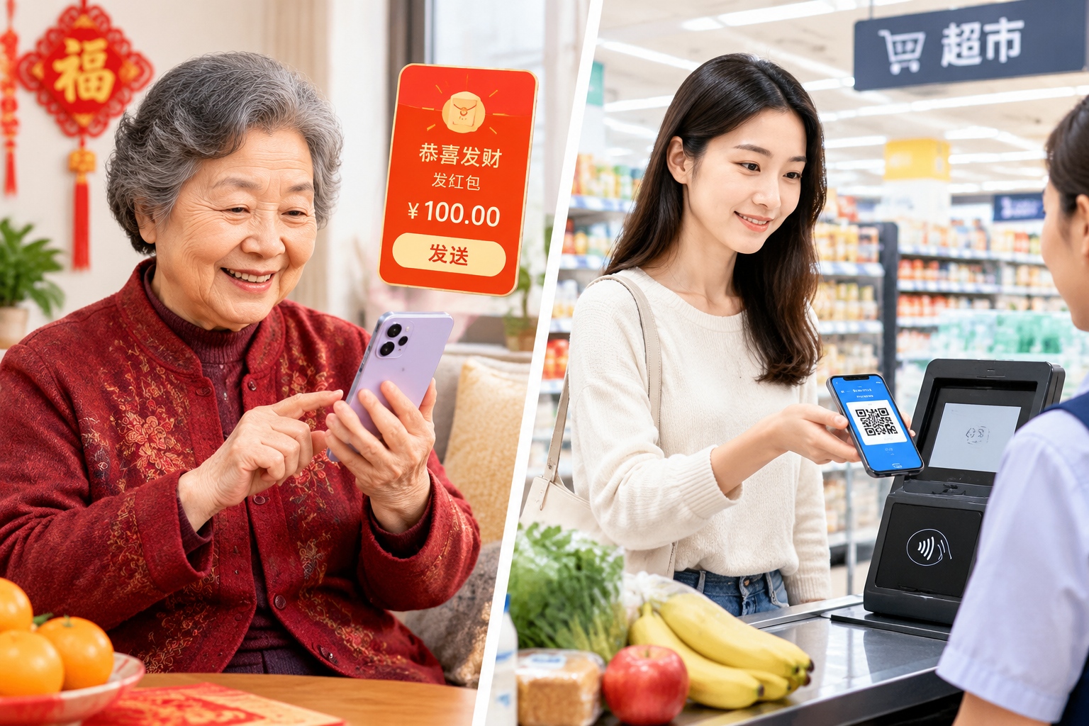 An elderly person and a young shopper using mobile payment apps in different daily scenarios