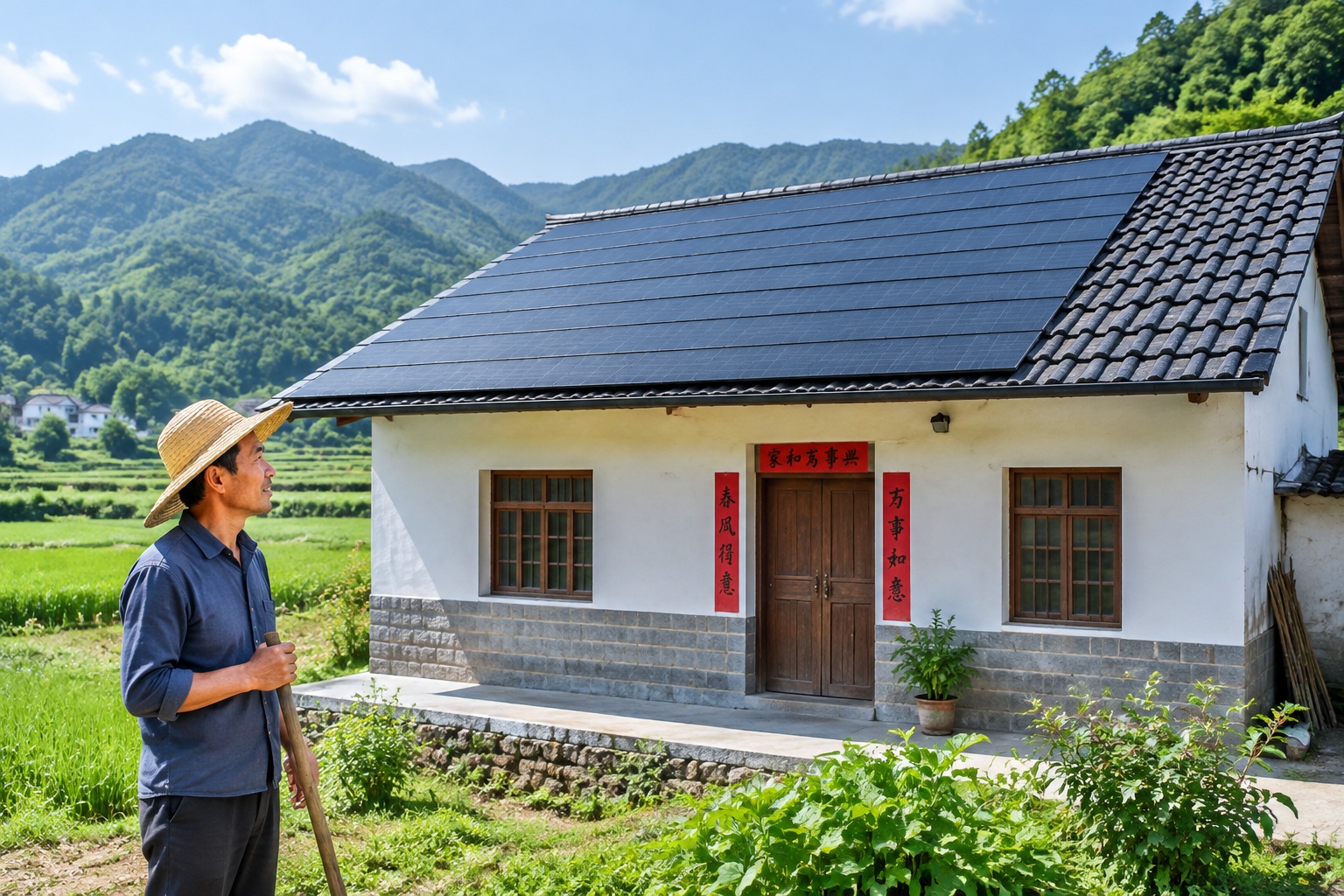 Solar tiles installed on a traditional rural roof in Jiangxi province, China
