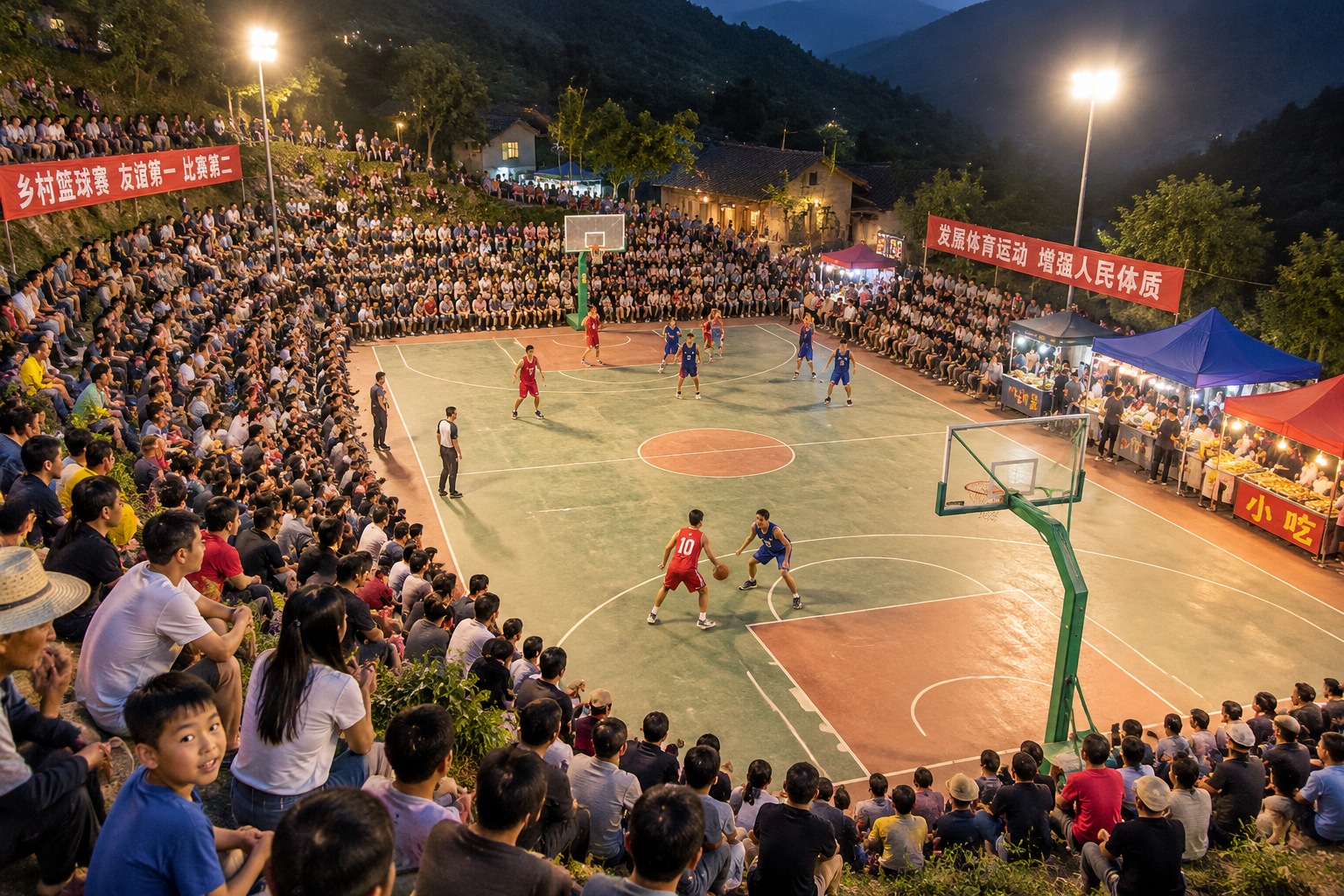 Thousands of villagers gathered to watch a local basketball match in Guizhou Province at night