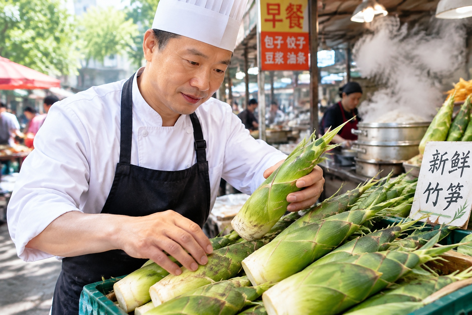 Close-up of fresh bamboo shoots being selected at a traditional Chinese wet market