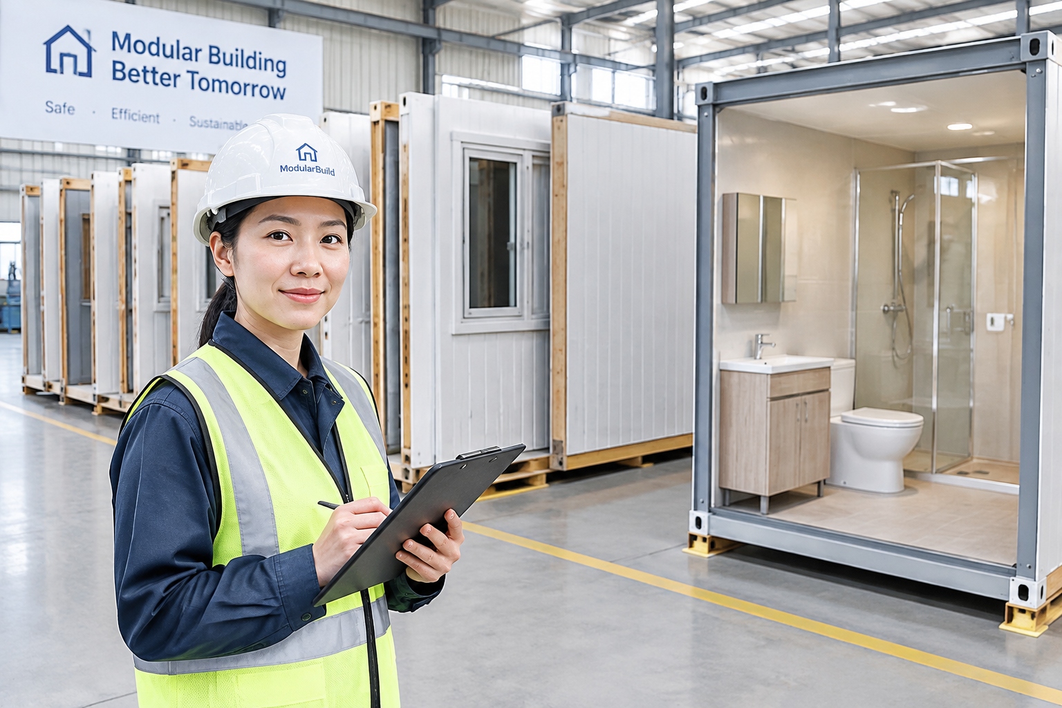 Factory interior showing prefabricated modular construction components for the hospital project