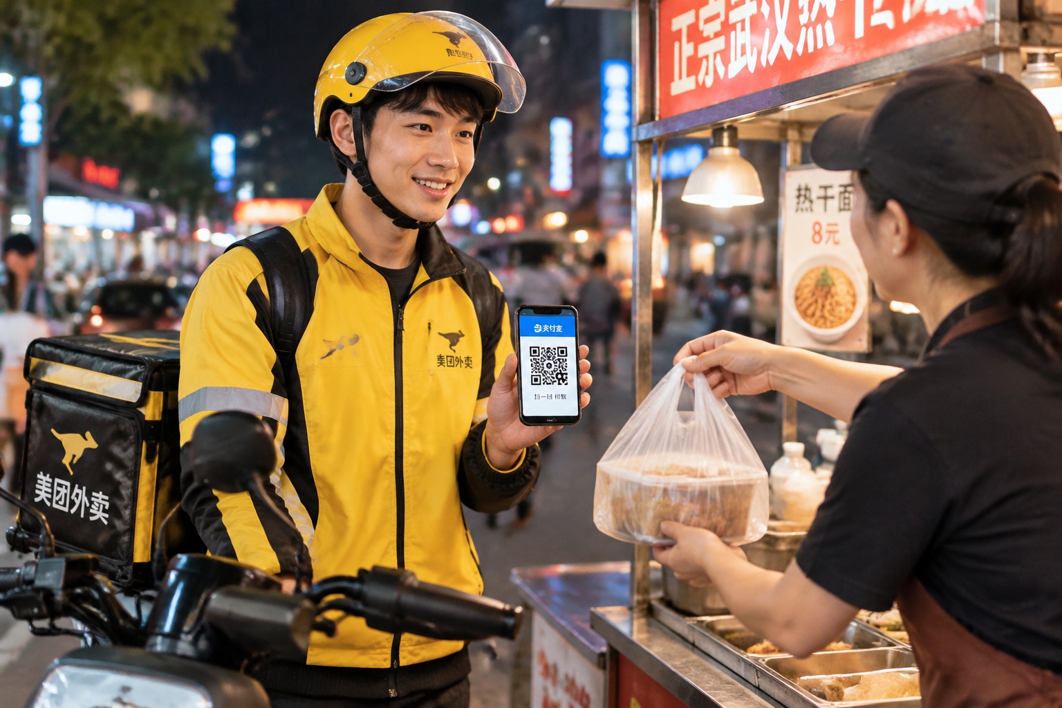 A delivery rider using Alipay on his phone to pay for street food at a nighttime market in Hangzhou