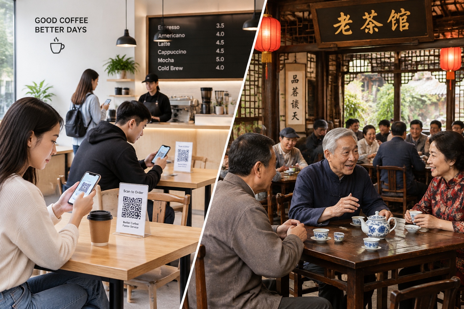 A comparison of modern digital ordering in a cafe versus traditional non-verbal communication in a busy Chinese tea house