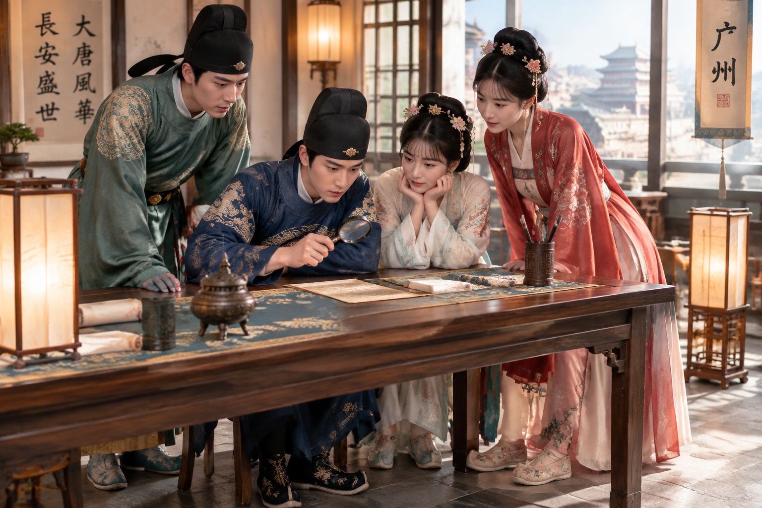 Chinese script-killing players in Tang dynasty costumes examining clues in a themed room