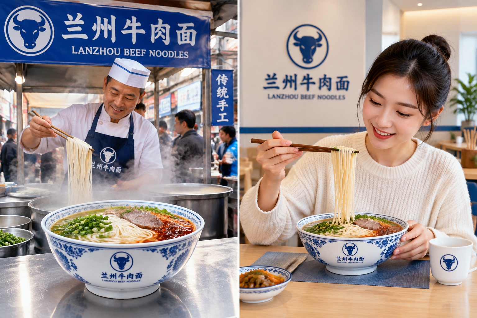 Comparison of traditional street-side Lanzhou noodle shop and a modern standardized chain restaurant