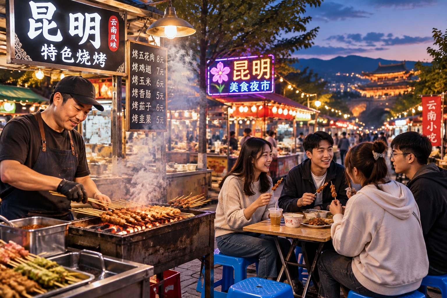 People enjoying street BBQ skewers at a bustling night market in Kunming after dinner