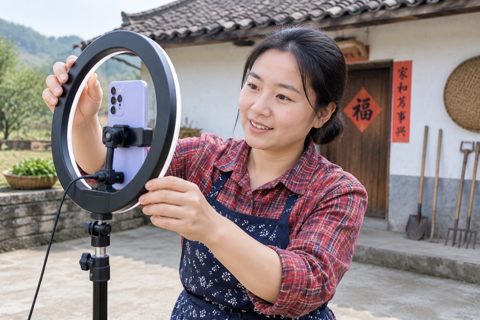 A rural farmer in Henan setting up her smartphone and ring light for a live e-commerce stream in her courtyard.
