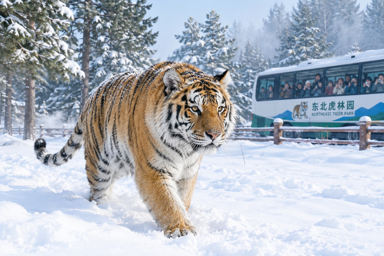 A wild Siberian tiger roaming freely in its snowy habitat at the Northeast Tiger Park near Harbin