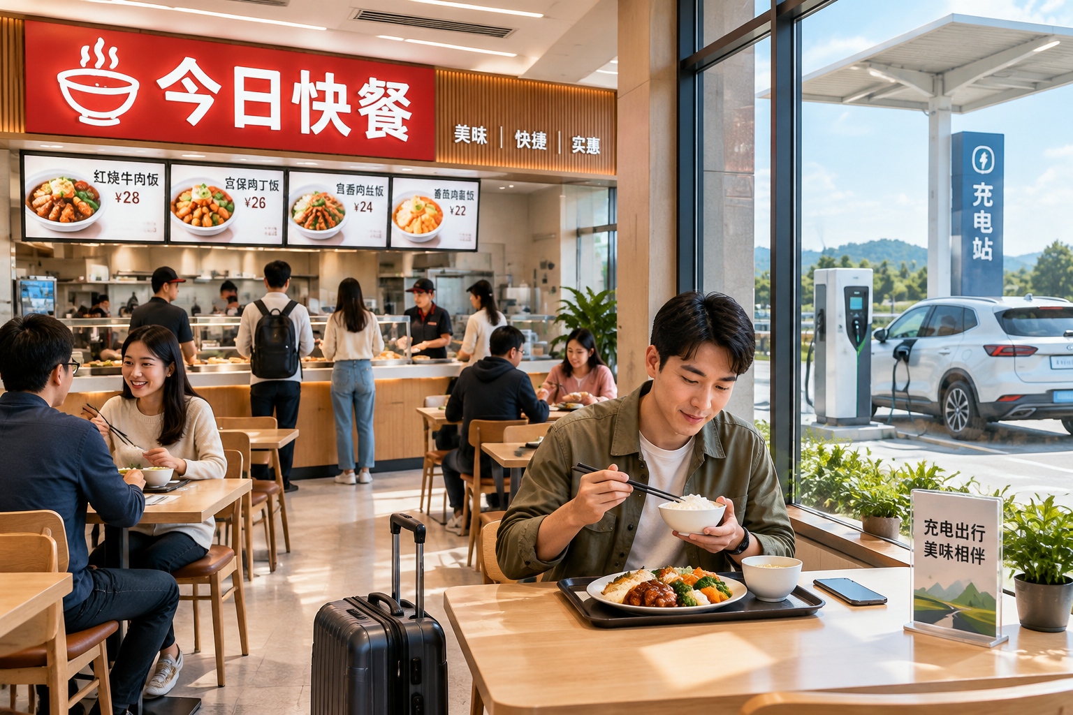 A traveler enjoying a meal inside a highway rest stop cafe while their electric vehicle charges outside, showing the integration of dining and refueling