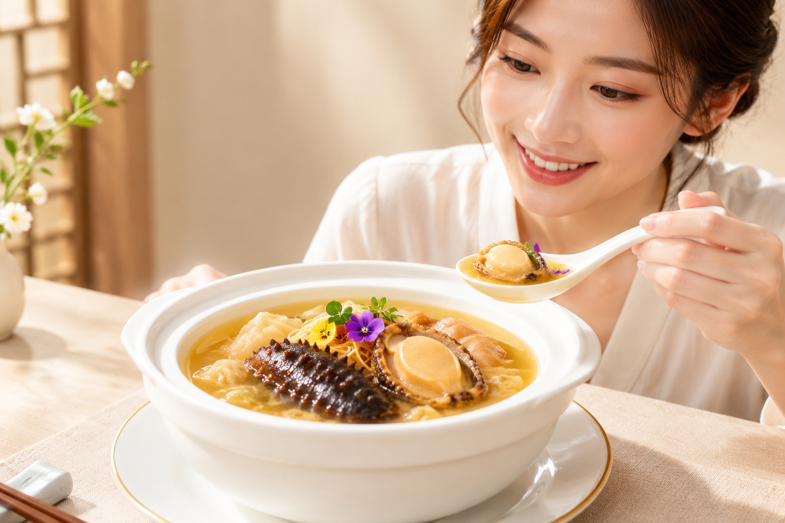 A modern, lighter version of Buddha Jumps Over the Wall served in a clear broth with sea cucumber and abalone, plated elegantly in a contemporary restaurant setting.