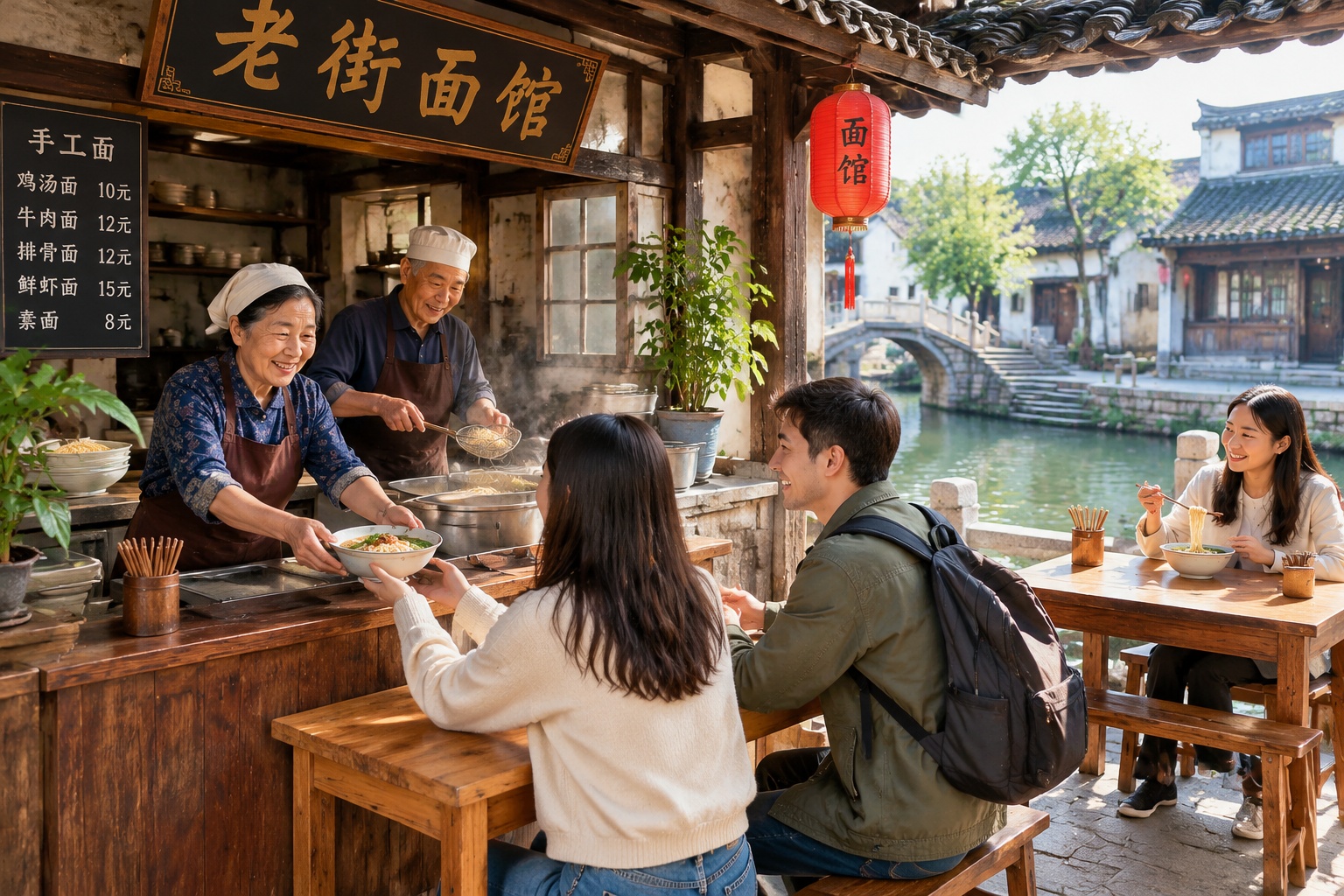 Local residents running a traditional noodle shop for tourists in a Suzhou water town courtyard