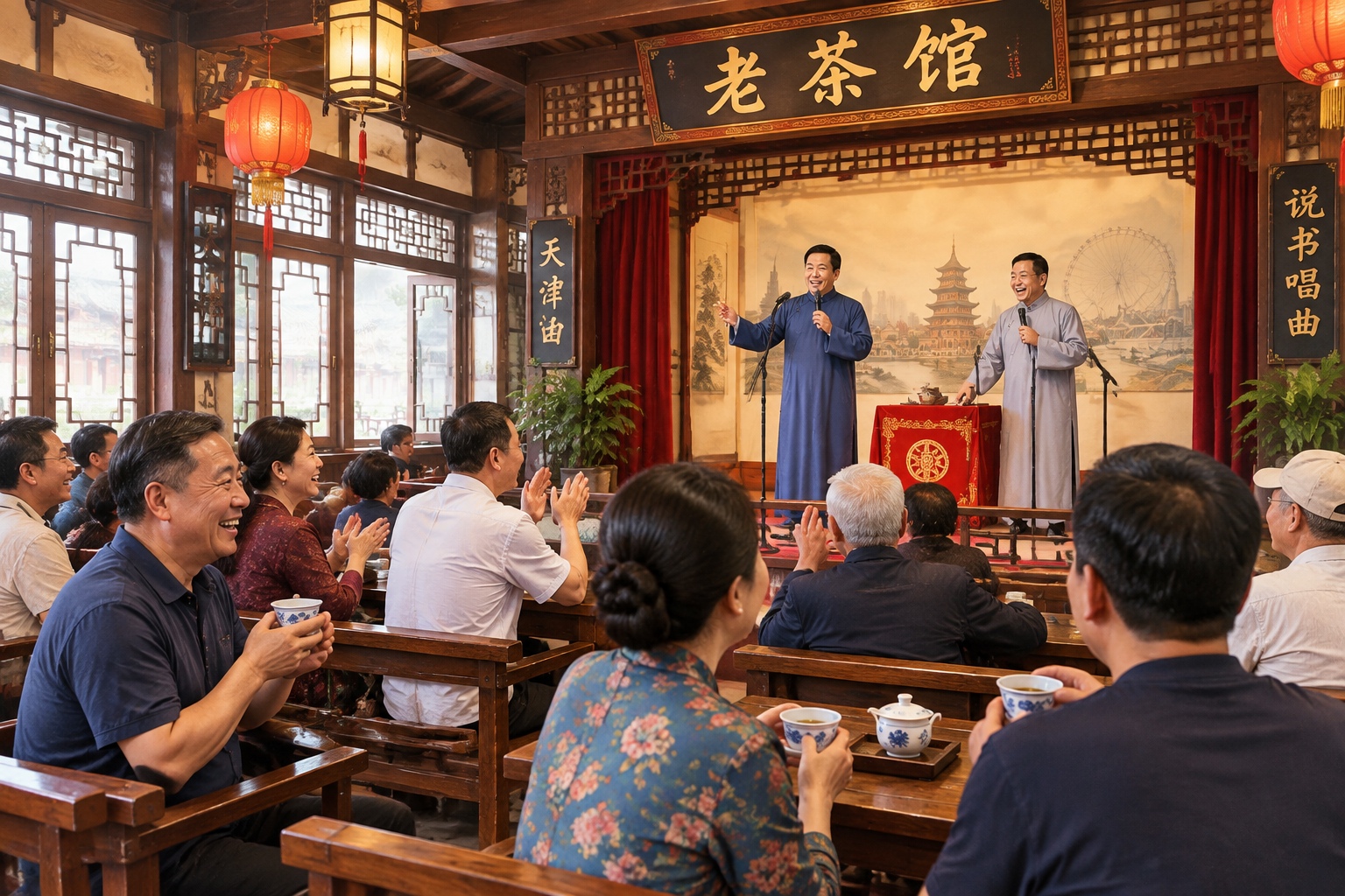 Audience enjoying a lively Xiangsheng crosstalk performance inside a traditional Tianjin teahouse