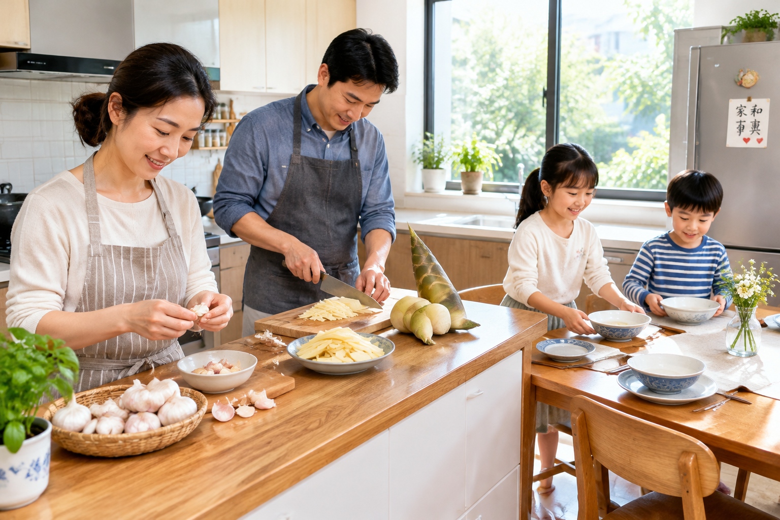 A multi-generational Yunnanese family cooking together in a bright kitchen on a weekend