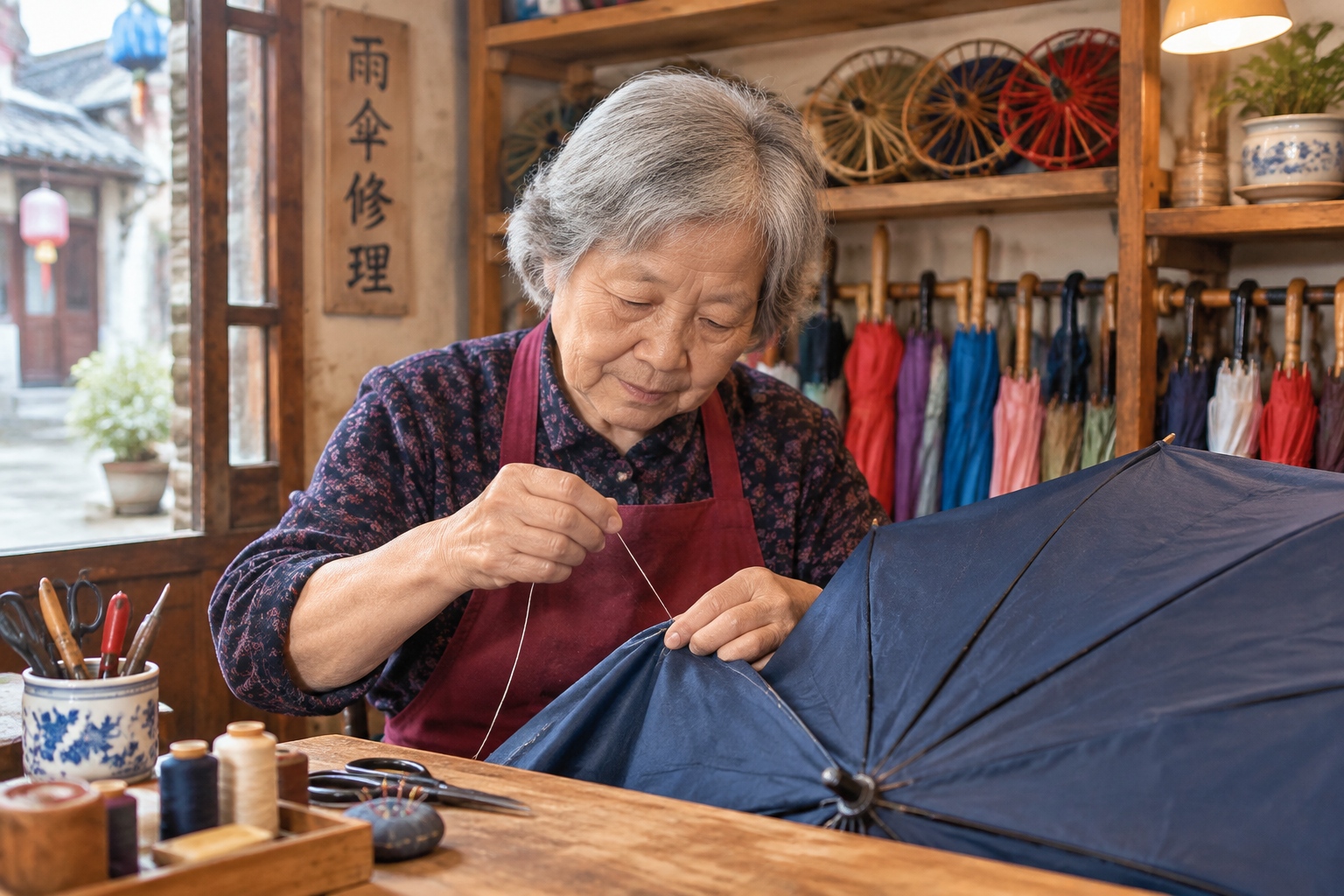 An elderly artisan repairing umbrellas inside a small, traditional shop in a Chinese old neighborhood.