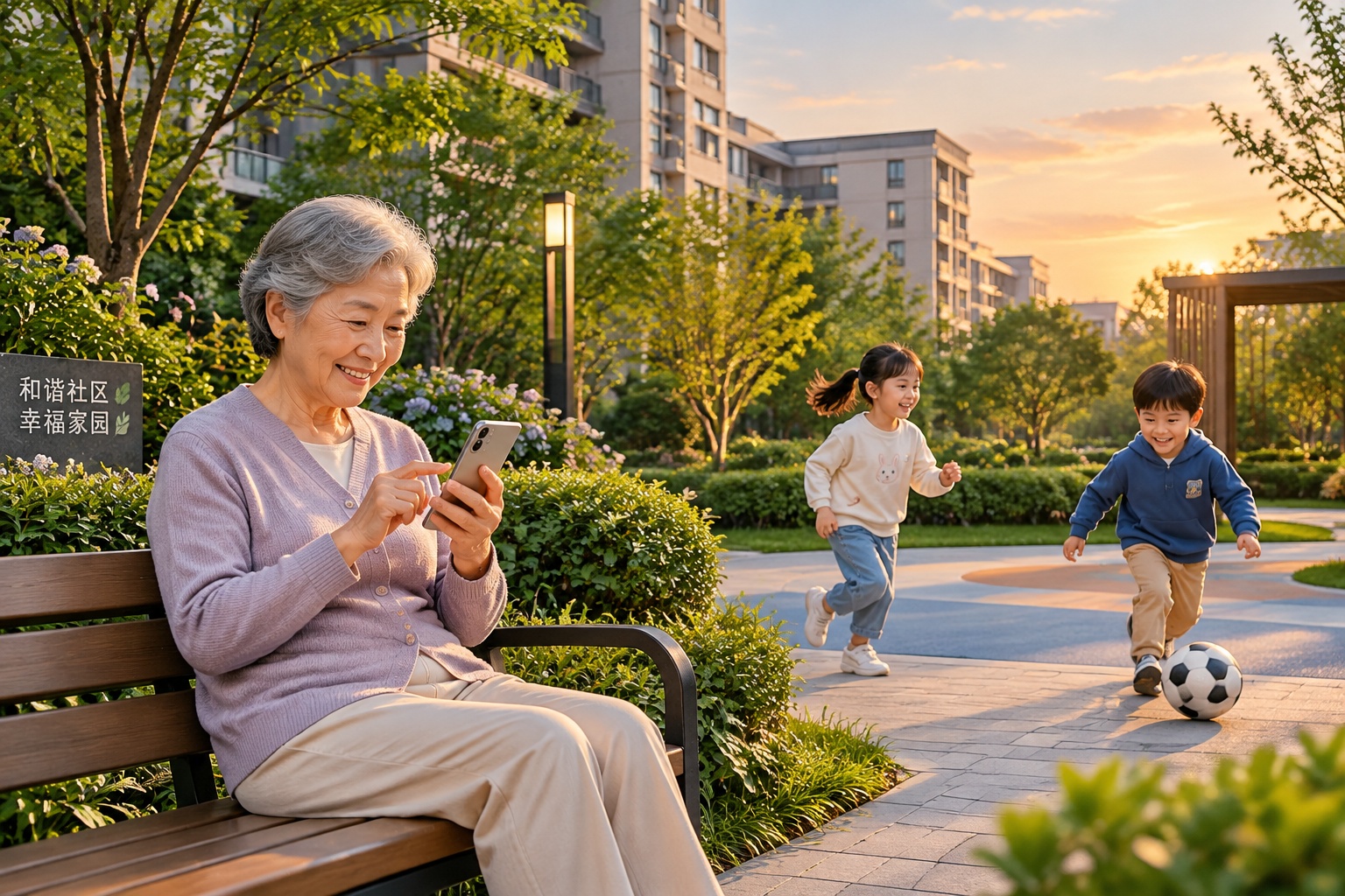 Multi-generational residents interacting in a green urban park space in a Chinese city at dusk