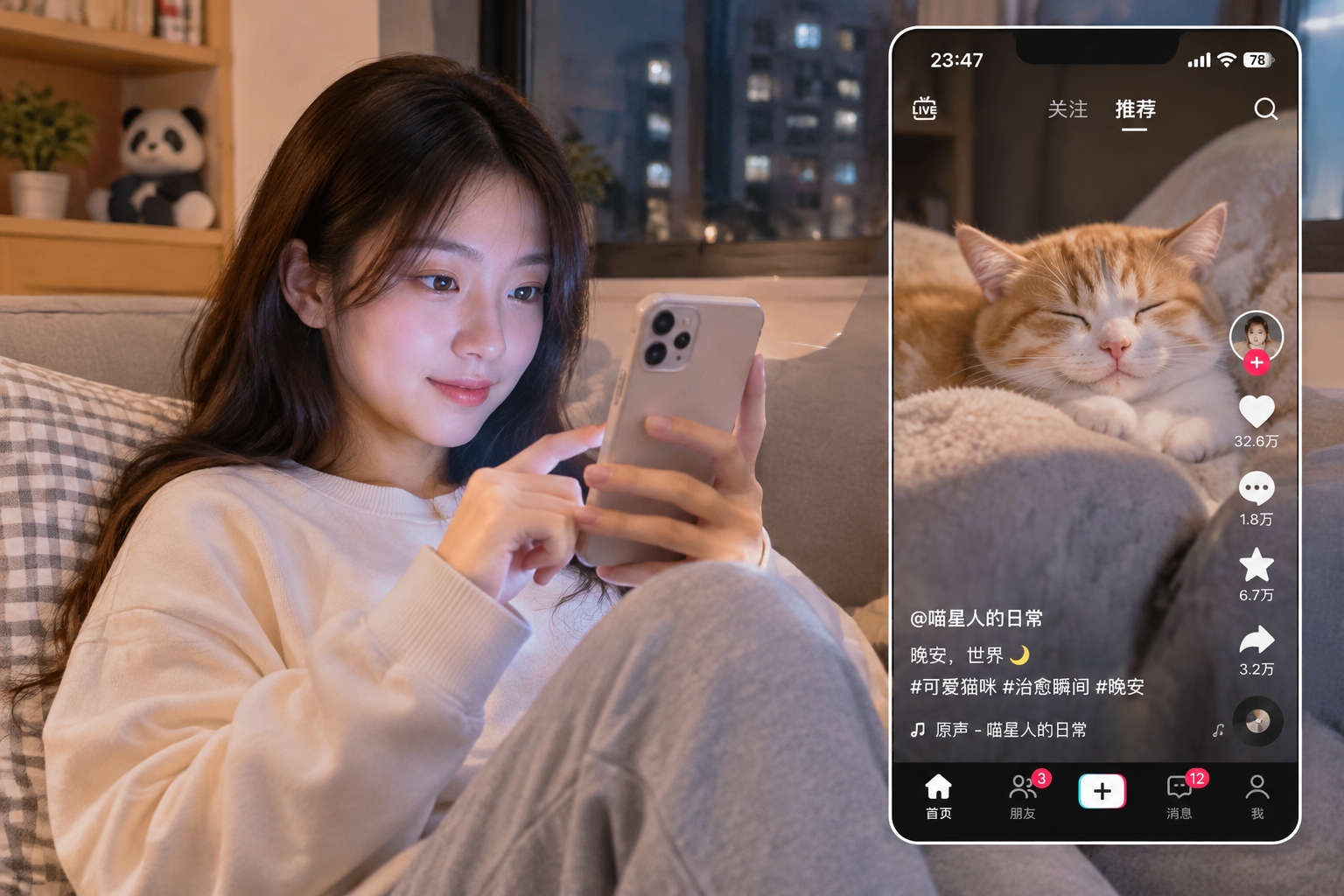 Young adult watching short video content on a mobile device late at night in a Chinese apartment