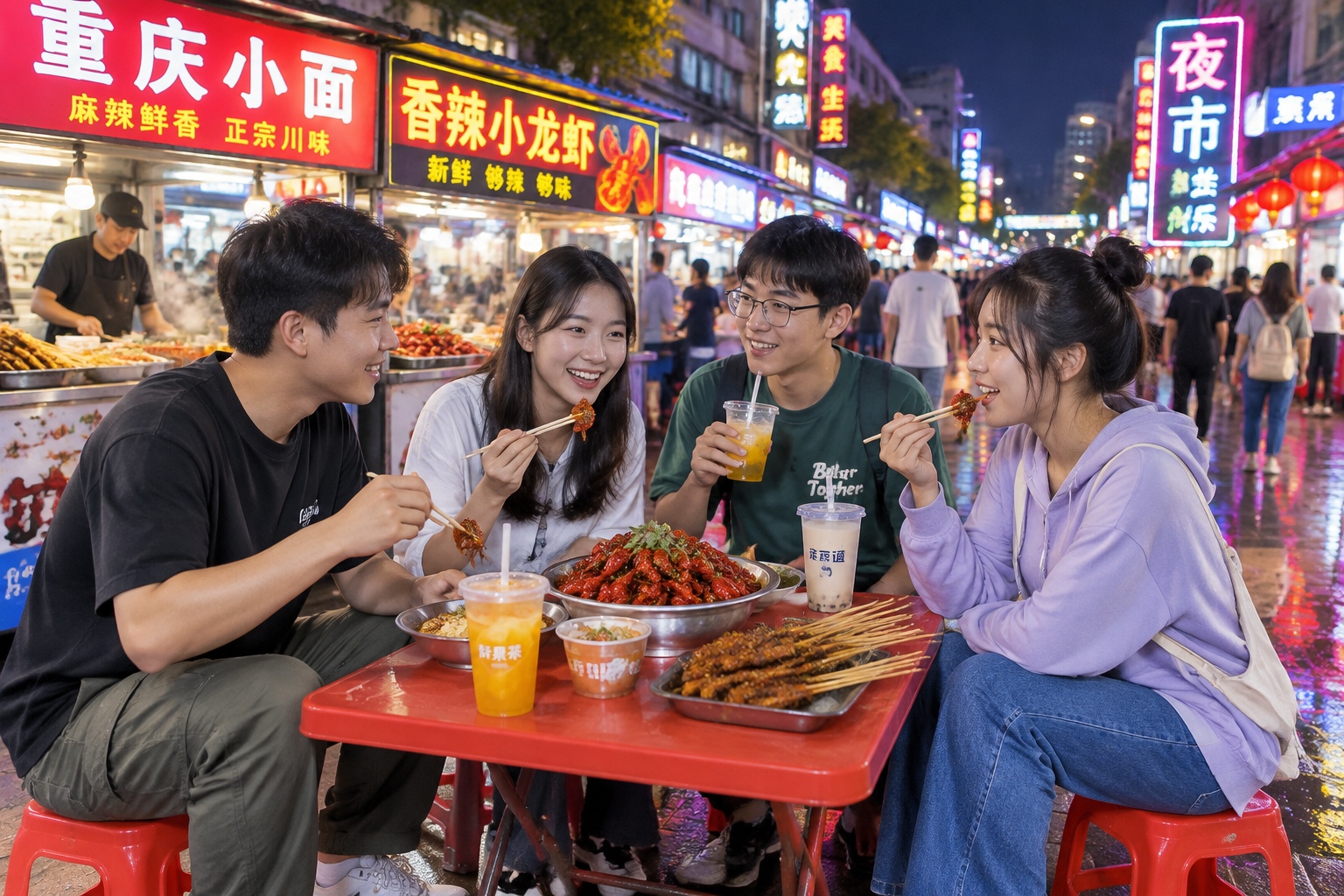 Young professionals enjoying spicy street food at a bustling Chinese night market