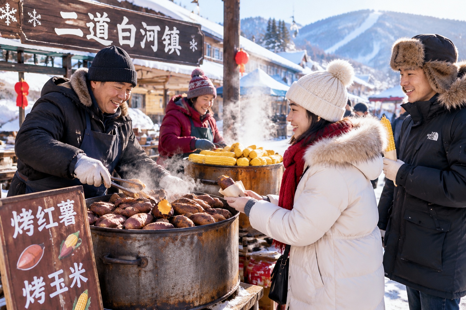 Winter street vendors in Changbai Mountain's Erdaobaihe Town selling hot roasted sweet potatoes and corn to locals and tourists.