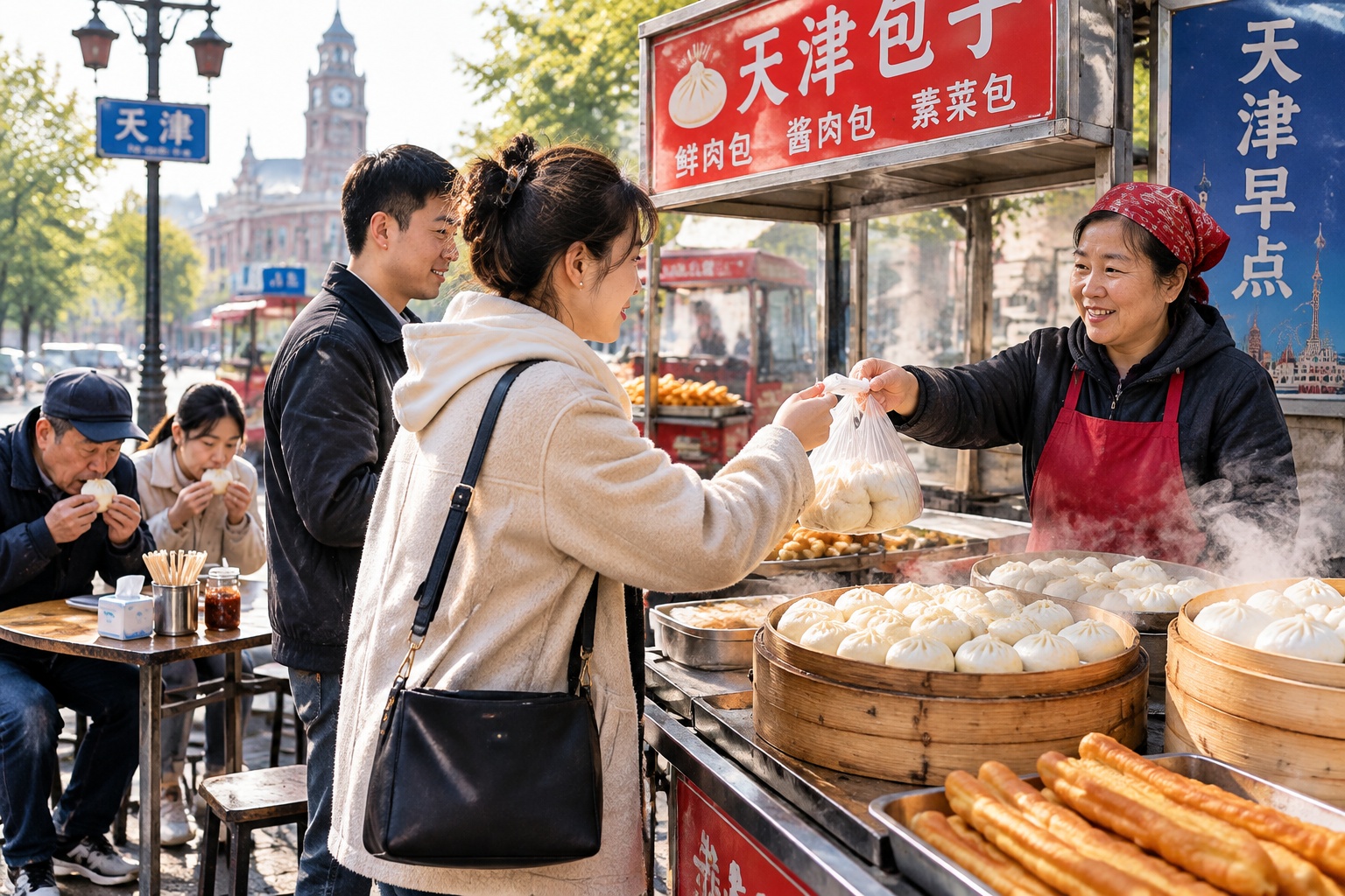 Steaming traditional Chinese breakfast food baozi and youtiao being served on a plate at a Tianjin street stall with morning sunlight