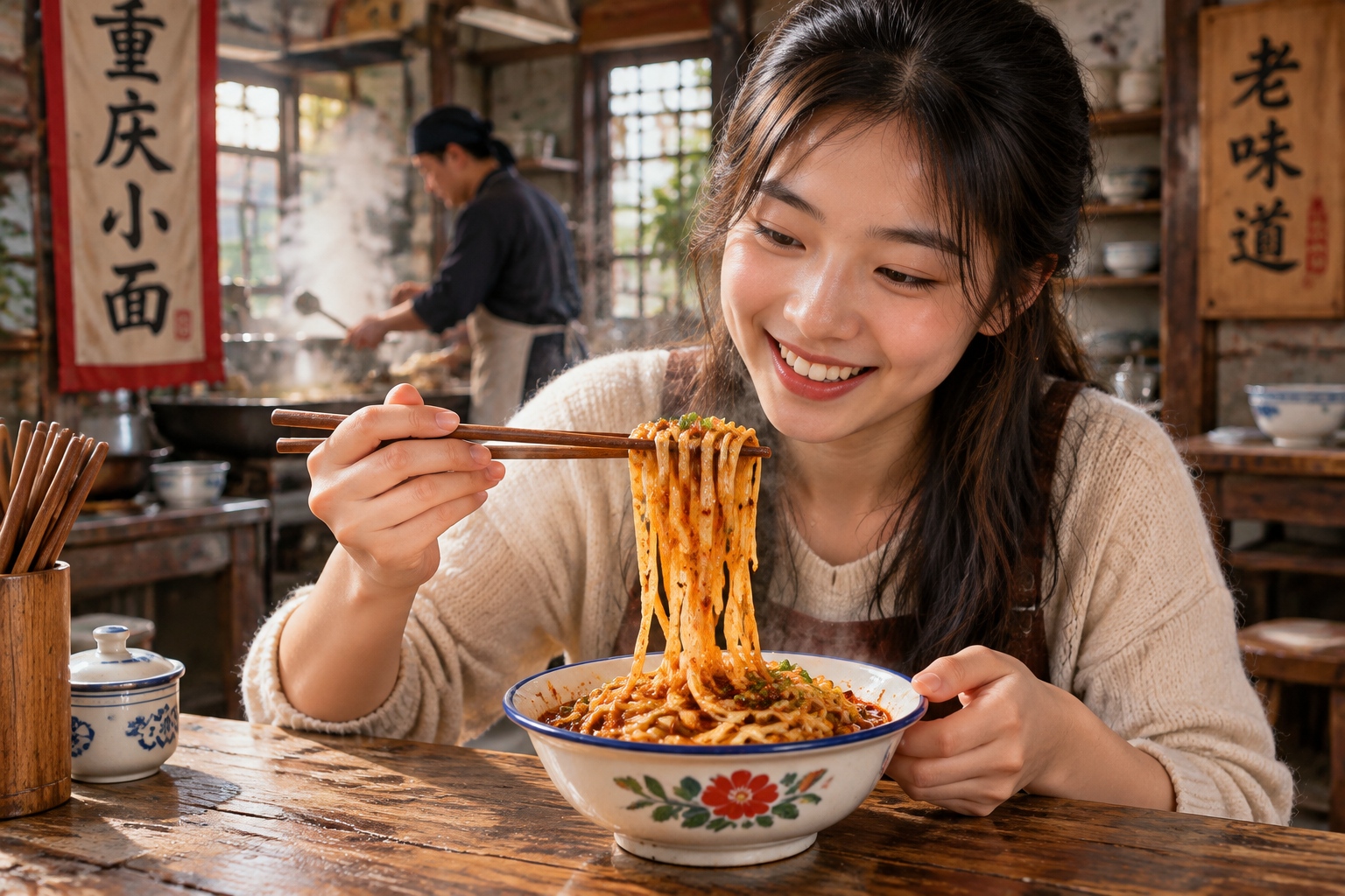 Close-up view of spicy traditional Chinese noodles being eaten with chopsticks at a local street stall