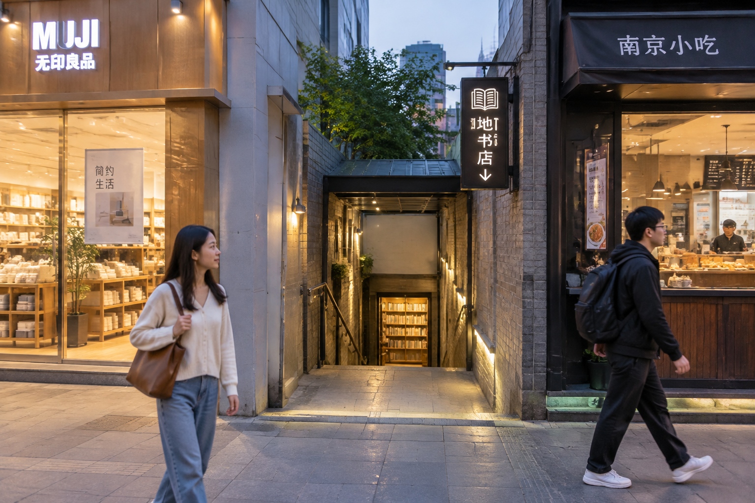 The subtle entrance to a hidden underground cultural space in a quiet alley of Nanjing's city center