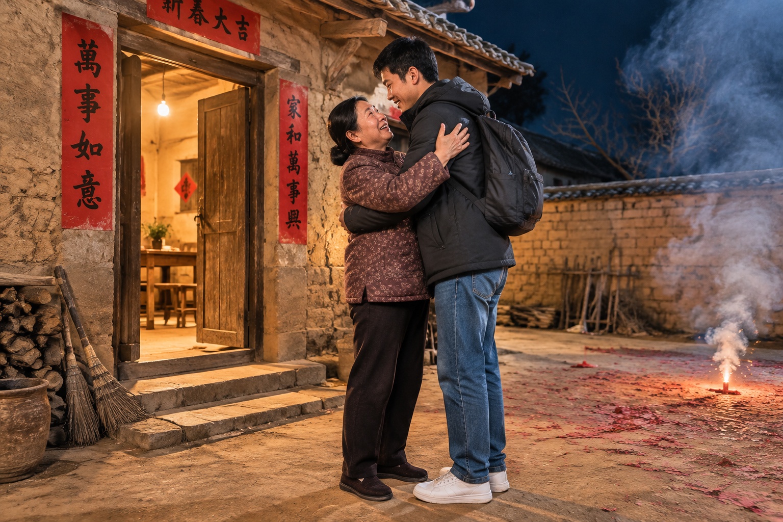 Mother embracing her son after his long journey home for Spring Festival