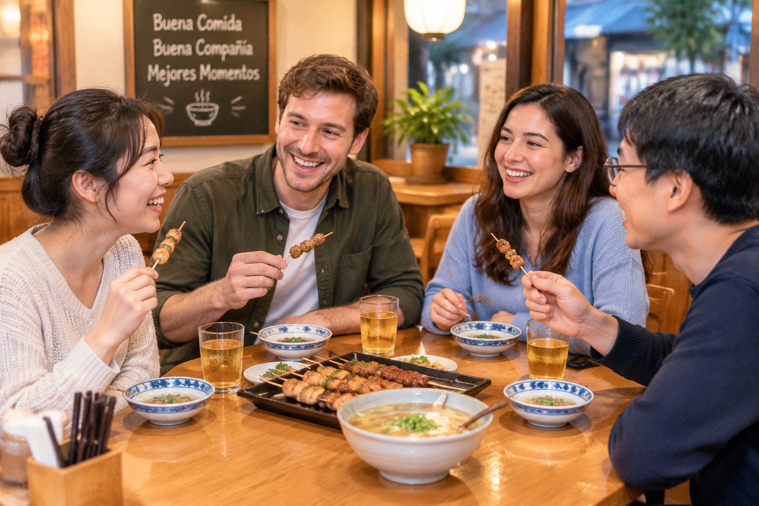Diverse group of expats and locals enjoying dinner together in a rural Yunnan village eatery