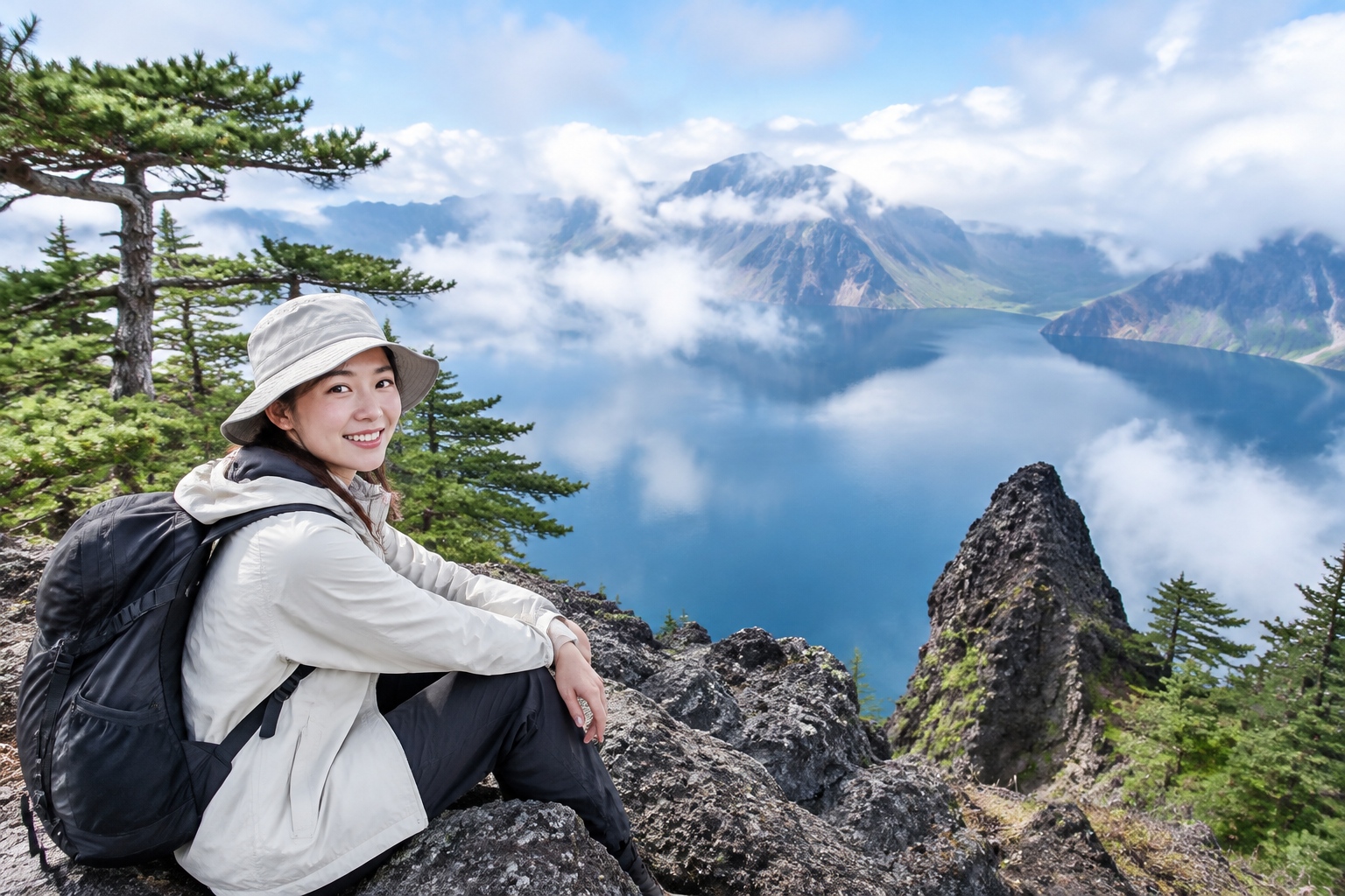 Changbaishan Tianchi (Heaven Lake) surrounded by mountain peaks and mist, showing the geological beauty of Jilin