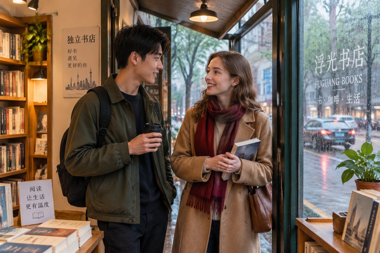 An Asian man and a Western woman meeting by chance under an umbrella in a rainy Shanghai bookstore