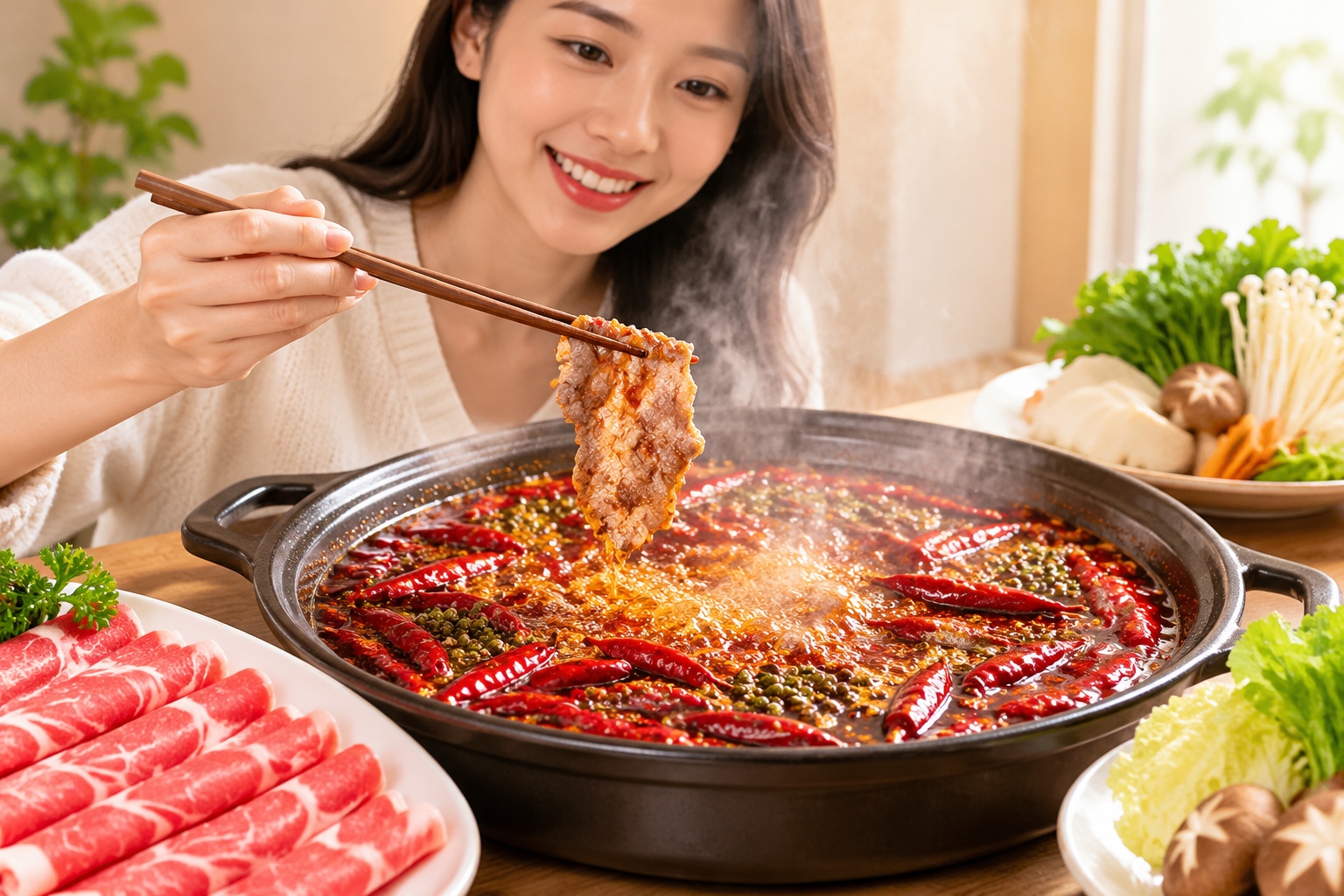 Bubbling spicy Sichuan hot pot broth with red chilies and green peppercorns
