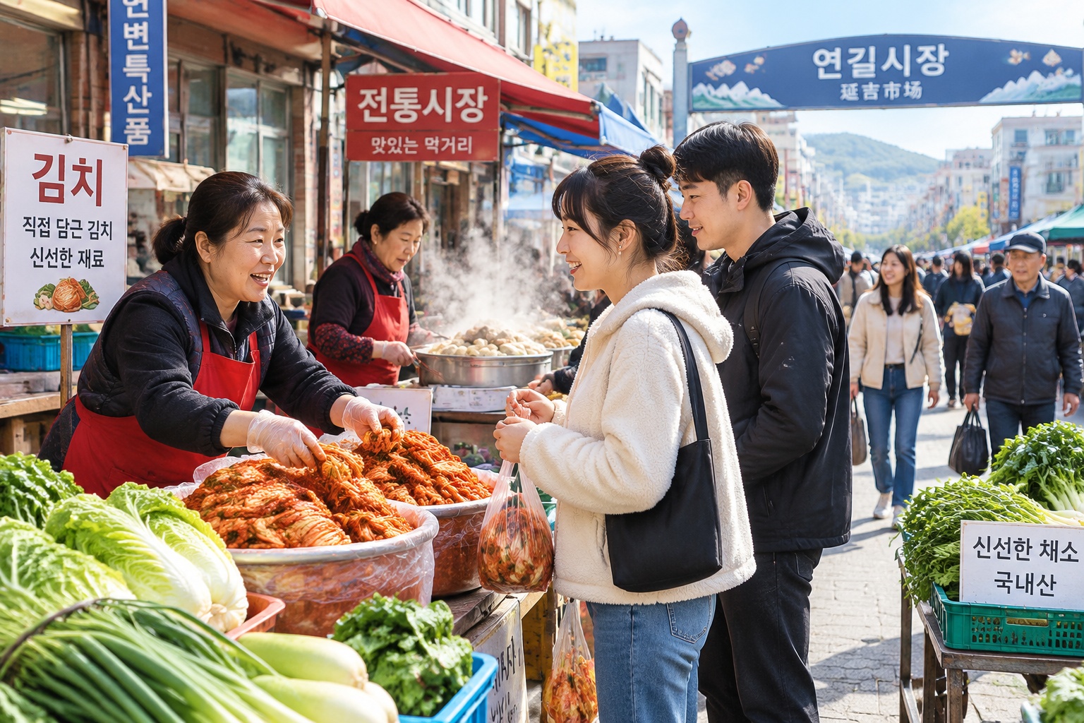 Vendors preparing traditional Korean dishes like kimchi at a busy morning market stall in Yanji, Jilin Province