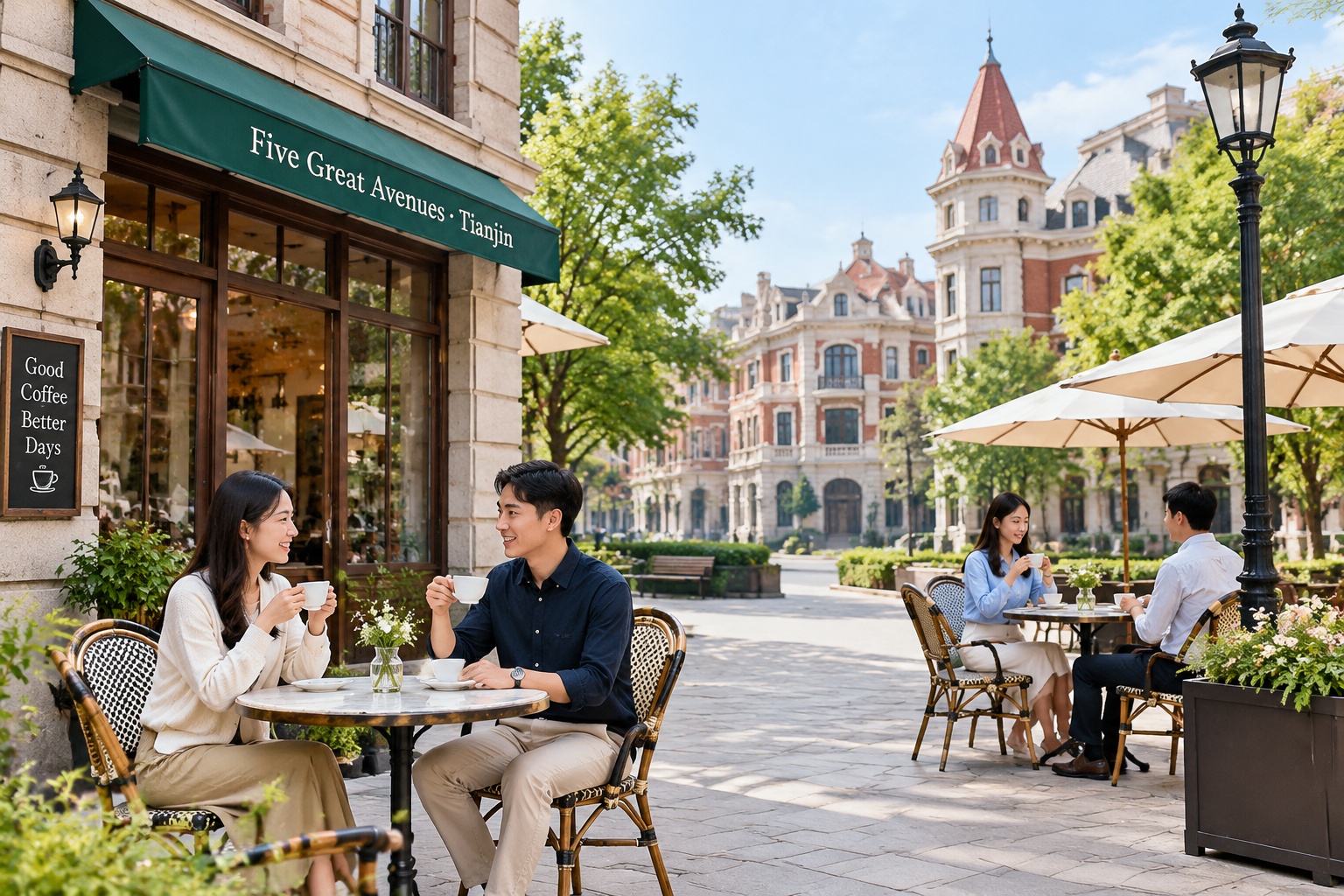 People relaxing in a quiet courtyard cafe surrounded by historic European villas in Tianjin