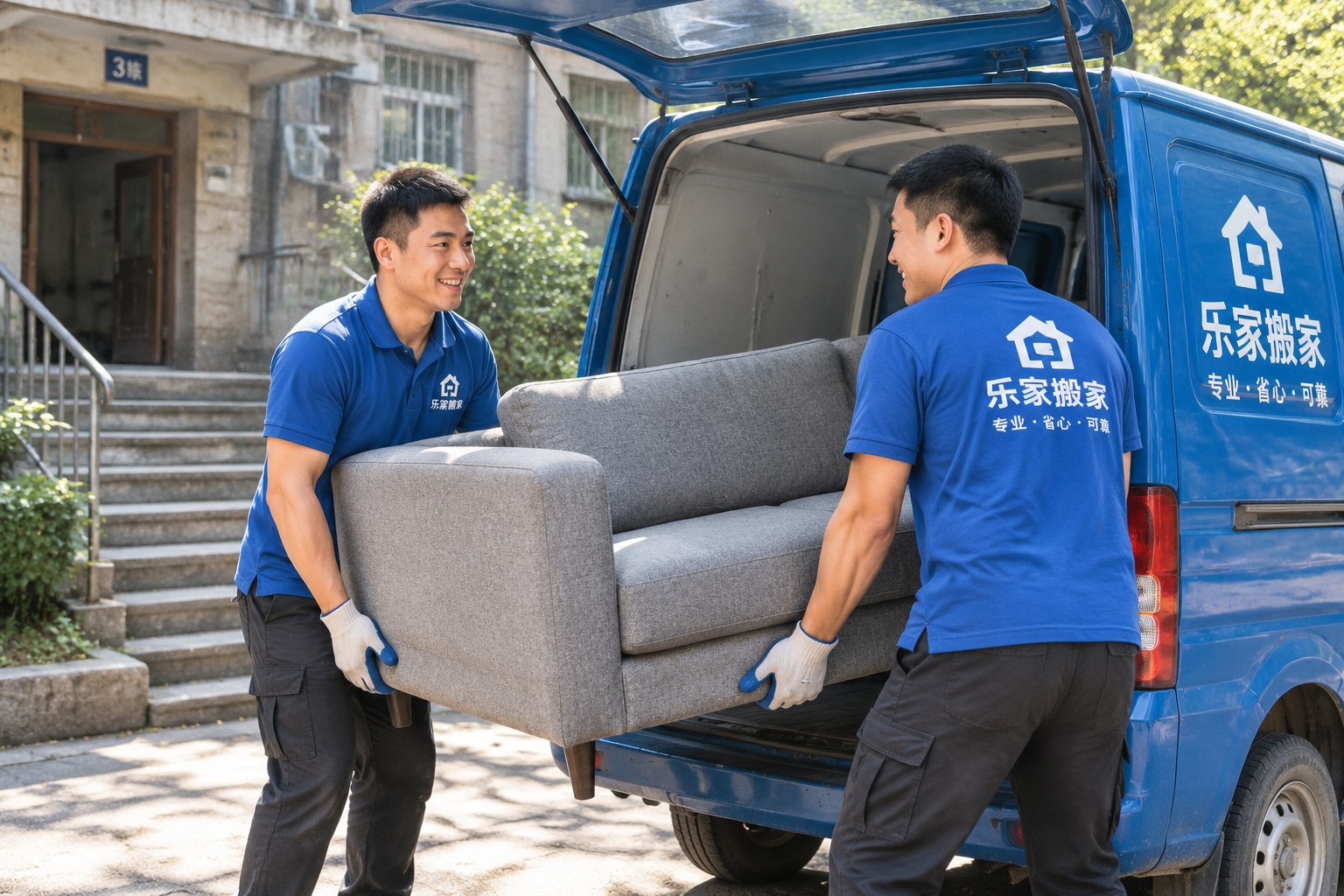 Moving Day in China: Why an App-Based Truck Ride Costs Less Than Pizza 23 Two movers lifting a sofa into a truck while packing boxes for a residential move in China