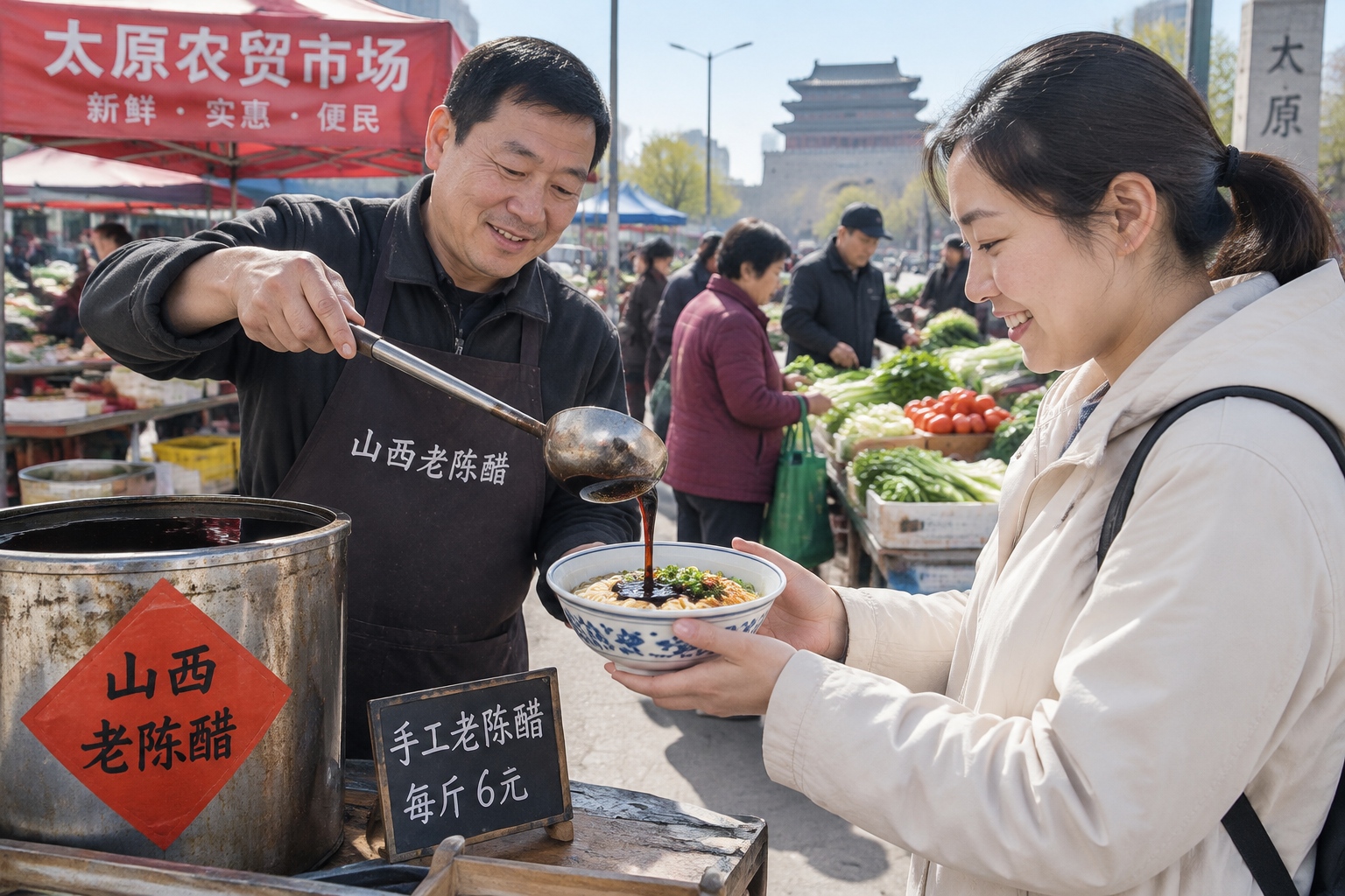 A busy street market scene in Taiyuan where a vendor pours traditional vinegar into a bowl of noodles for a customer