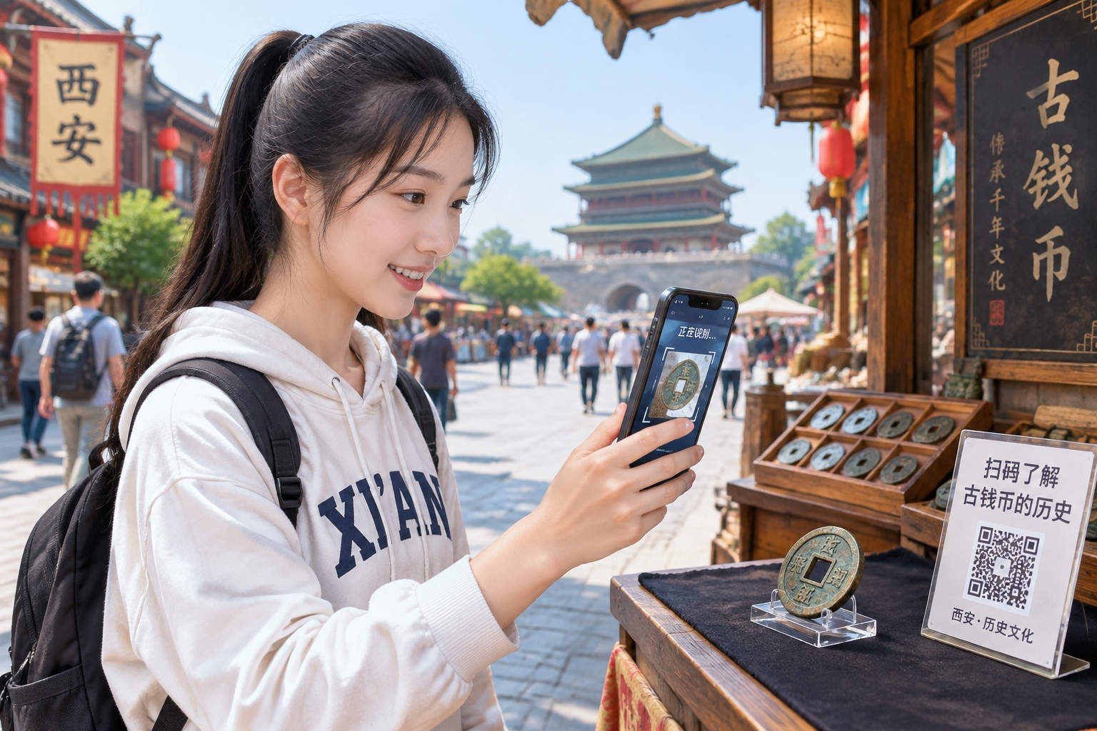 A young person using a smartphone app to learn about ancient coins at a Xi'an market
