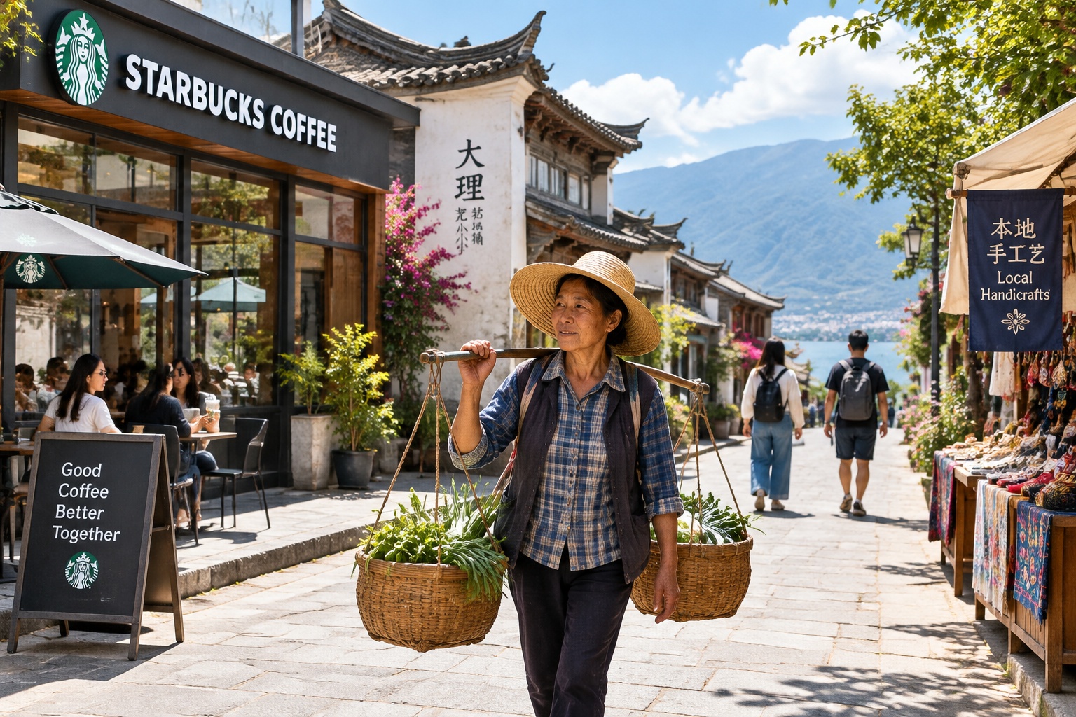 A street view in Dali's art village showing the integration of modern cafes and traditional Bai architecture