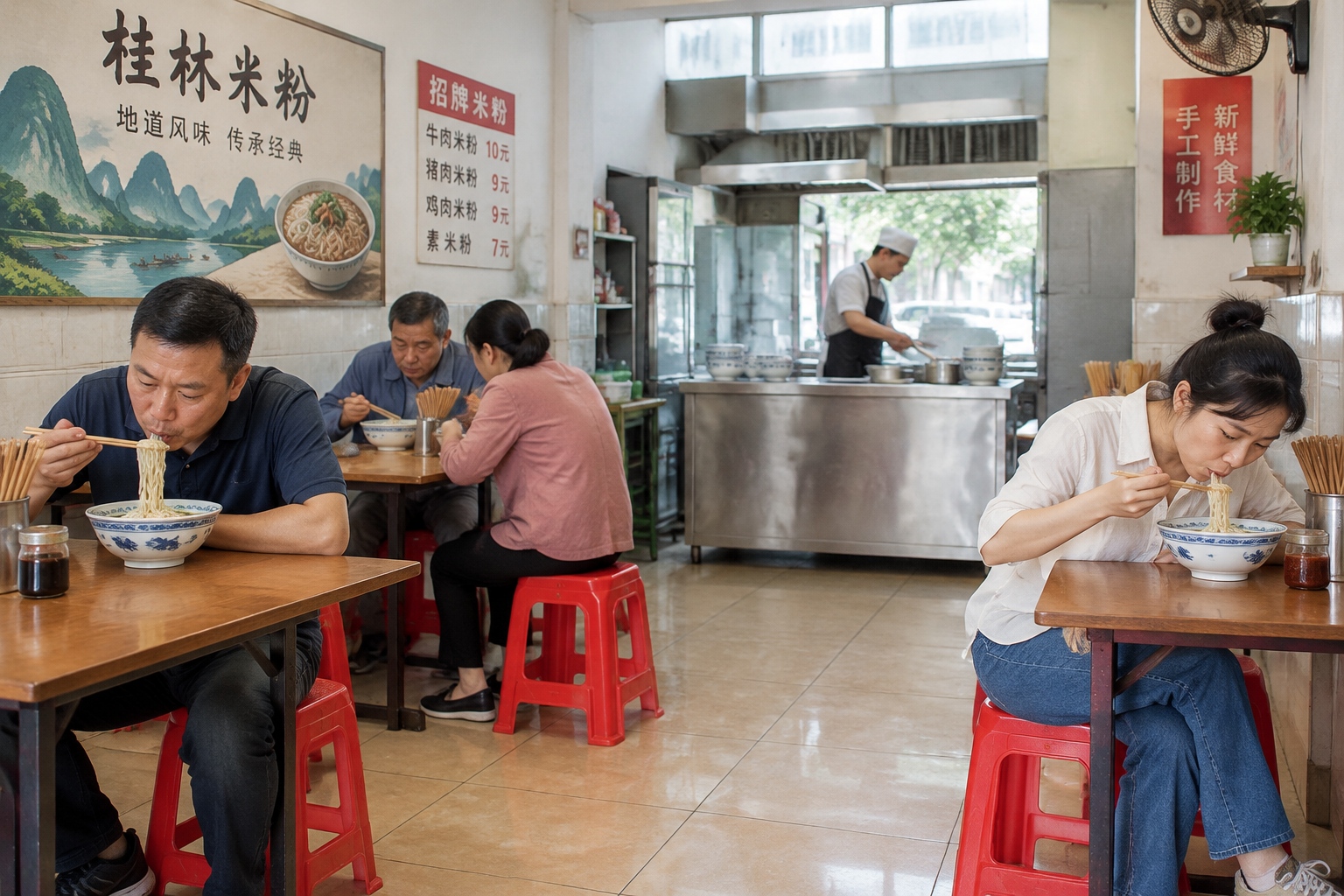 Locals eating Guilin rice noodles in a traditional, no-frills local restaurant