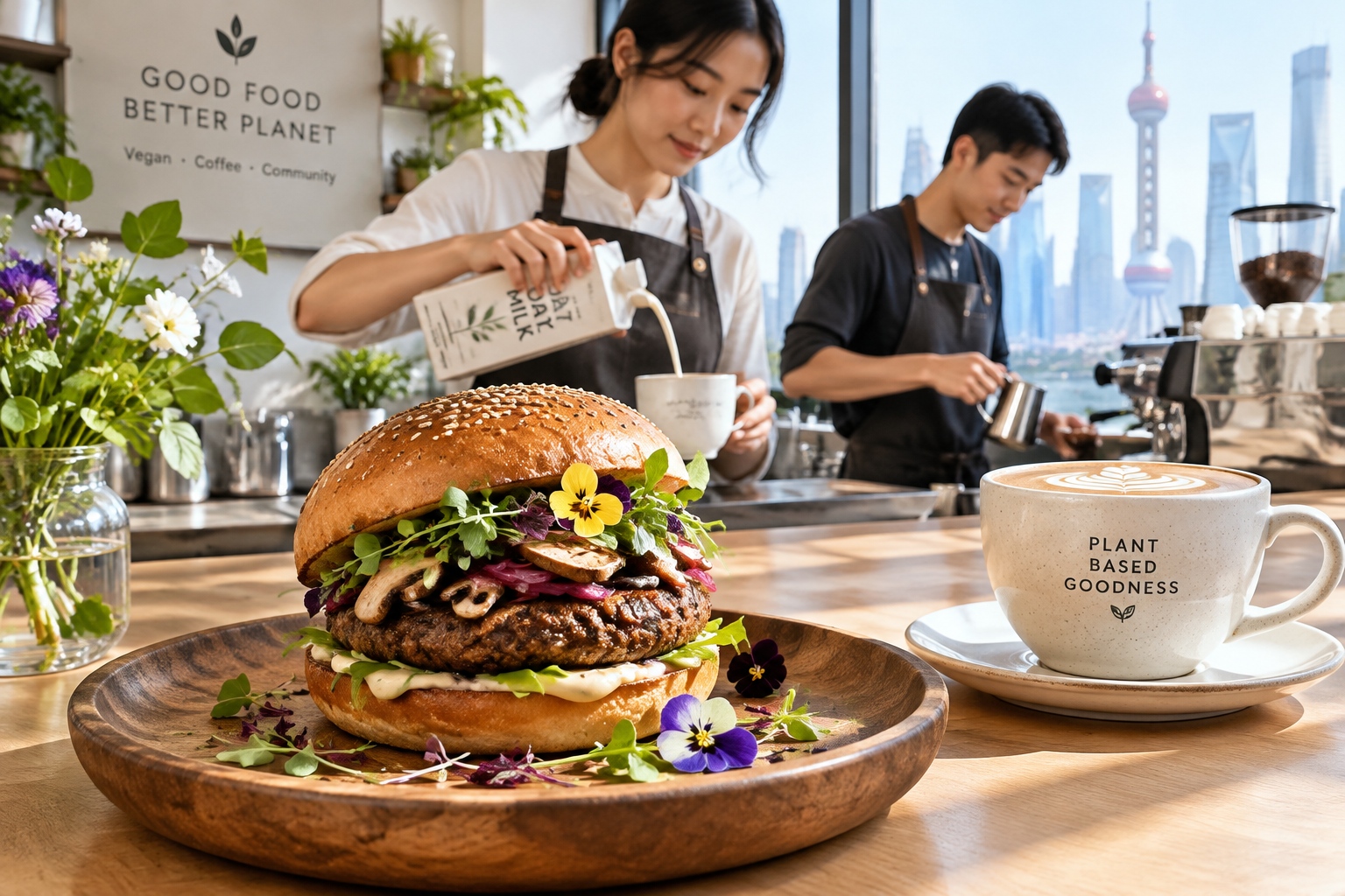 Close-up of a gourmet vegan mushroom burger served at a trendy Shanghai cafe with oat milk coffee in the background