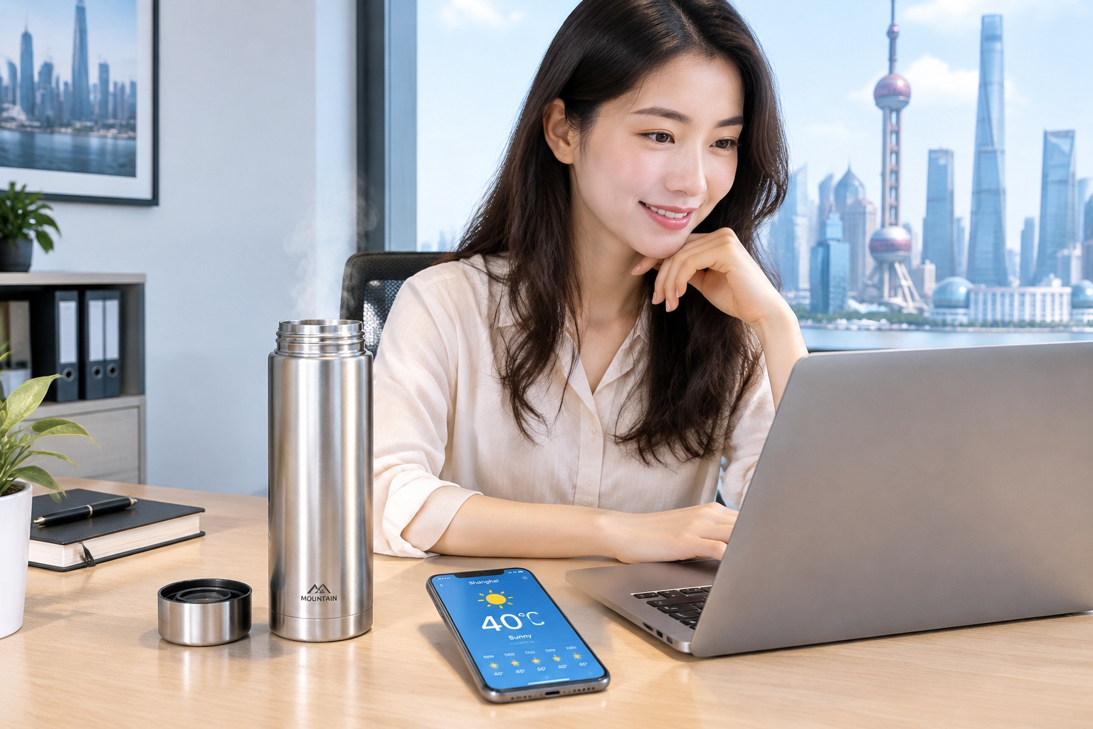 A close-up view of a modern Chinese office workspace featuring a steaming thermos on a desk next to a laptop, illustrating the habit of drinking hot water in summer
