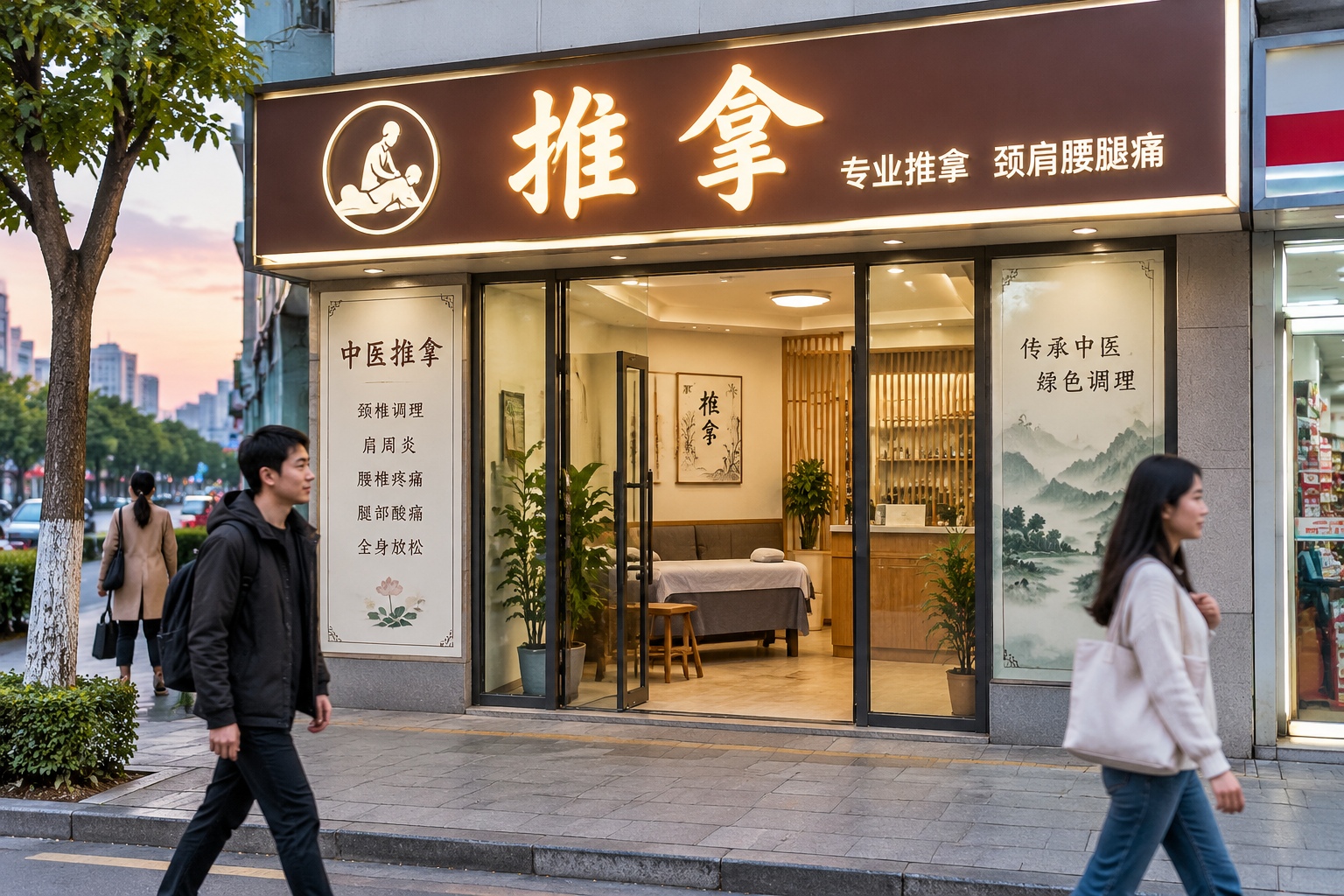 Street view of a Chinese tuina massage shop with illuminated sign in the evening