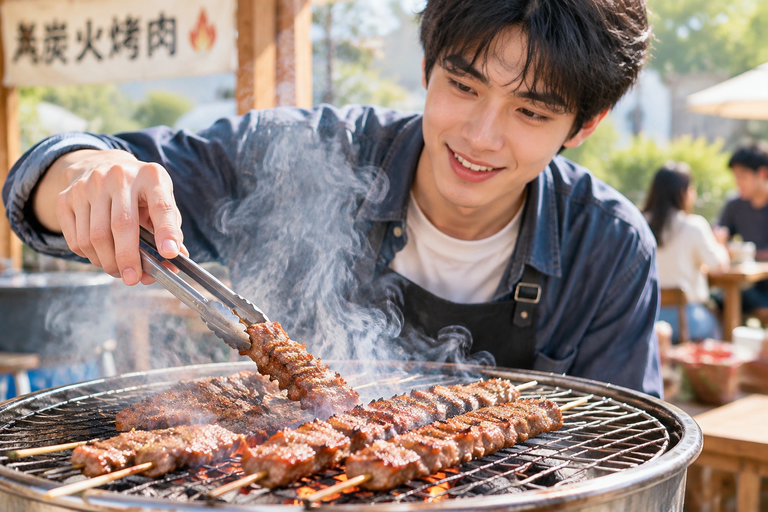 Beef skewers sizzling on a traditional charcoal grill in a Qiqihar street food stall.