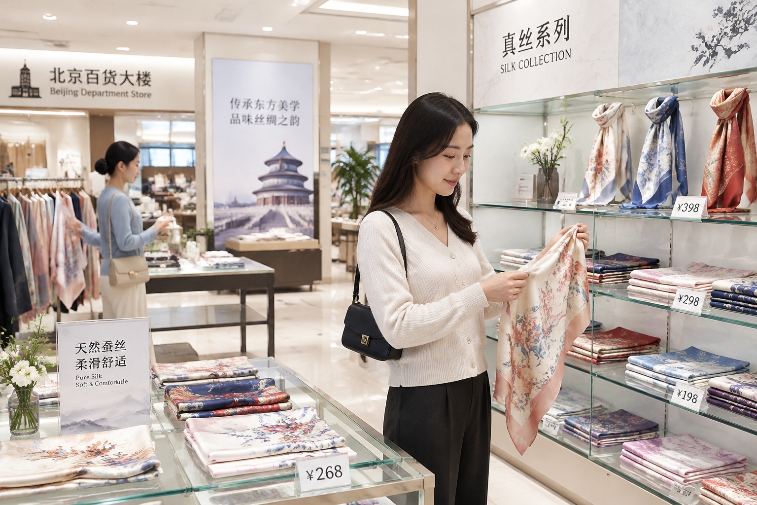 Organized retail display of certified silk fabrics in a Chinese department store