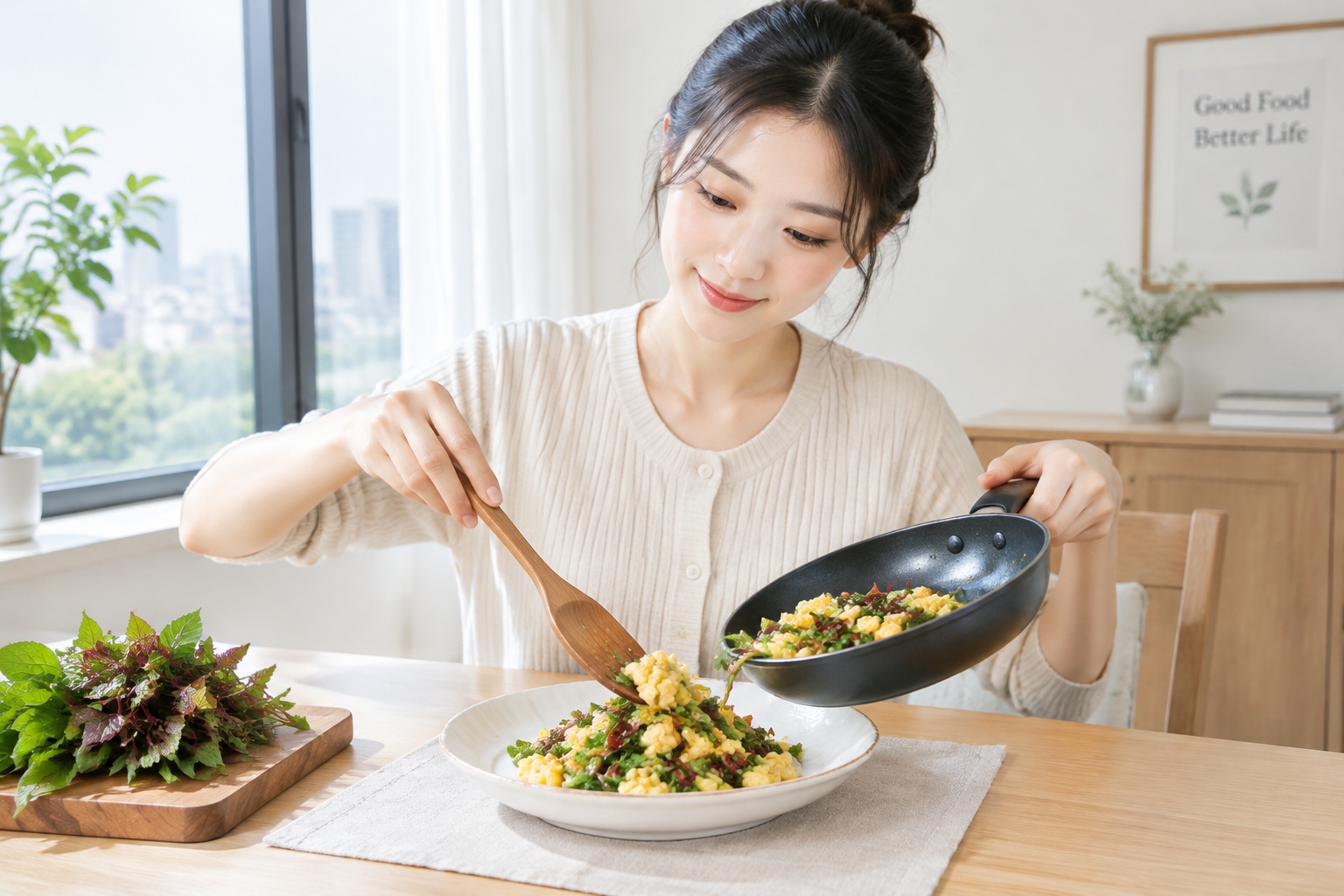 Young Chinese professional preparing a traditional Toona sinensis and egg dish at home in a modern urban apartment.