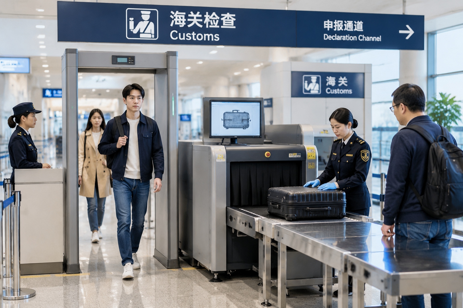 Customs security checkpoint showing routine baggage screening for international travelers