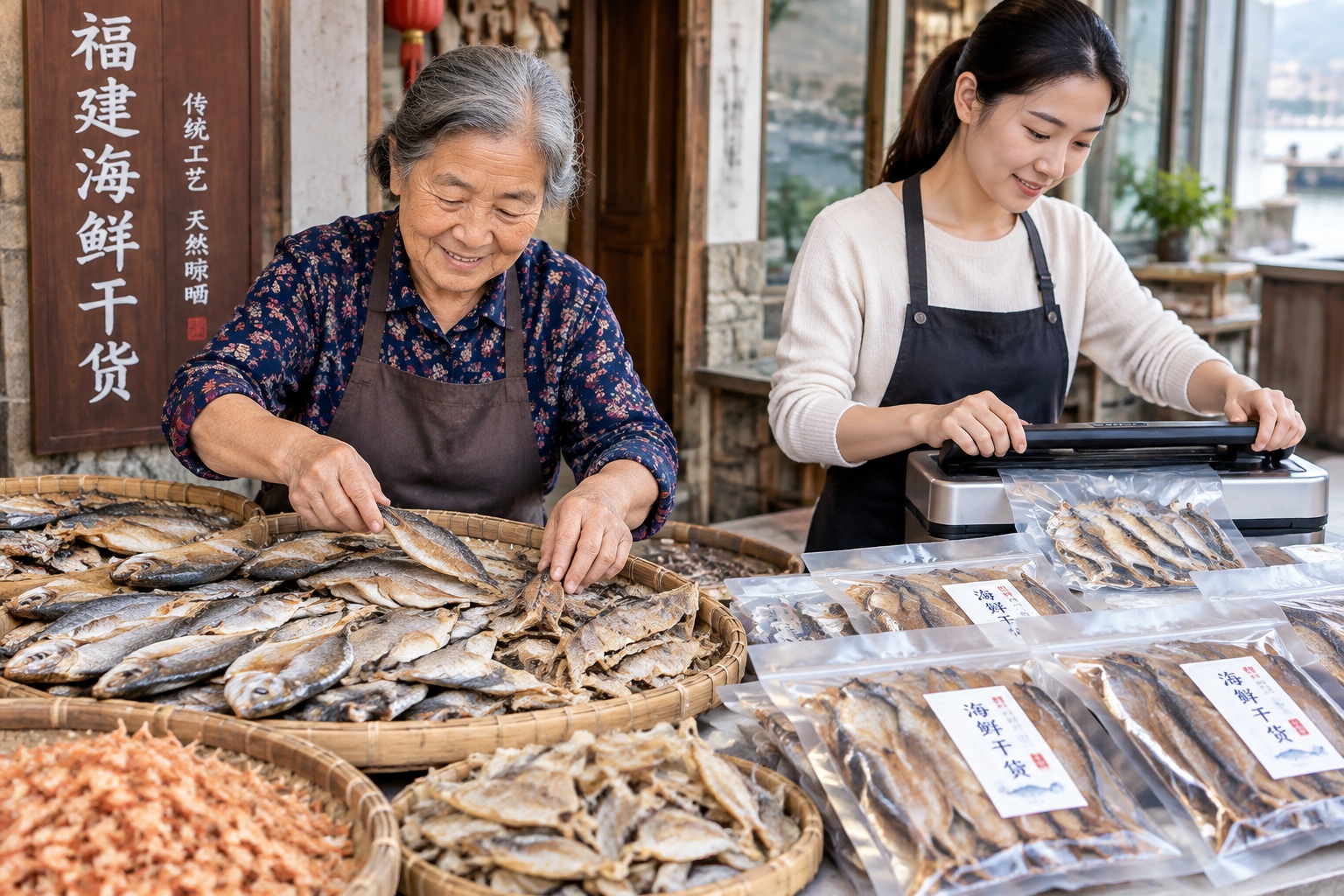 Traditional Fujian seafood drying methods combined with modern vacuum packaging technology at a local market