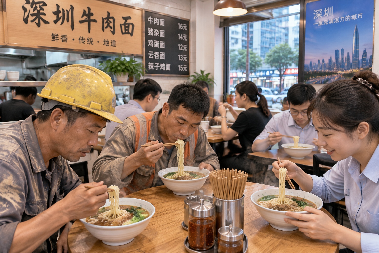 Customers eating beef noodles in a small, crowded restaurant in Shenzhen, China, showing a mix of local workers and migrants.