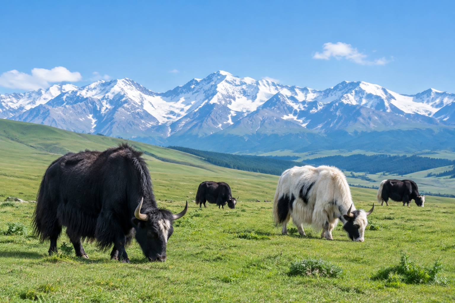 Driving Through Four Seasons: The Scenic Duku Highway Experience 23 Yaks grazing on a high altitude grassland near the Duku Highway entrance