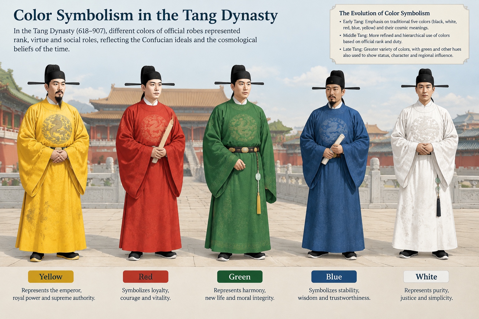 Historical depiction of Chinese officials in traditional clothing, showing how green was once a respectable color for low-ranking officials